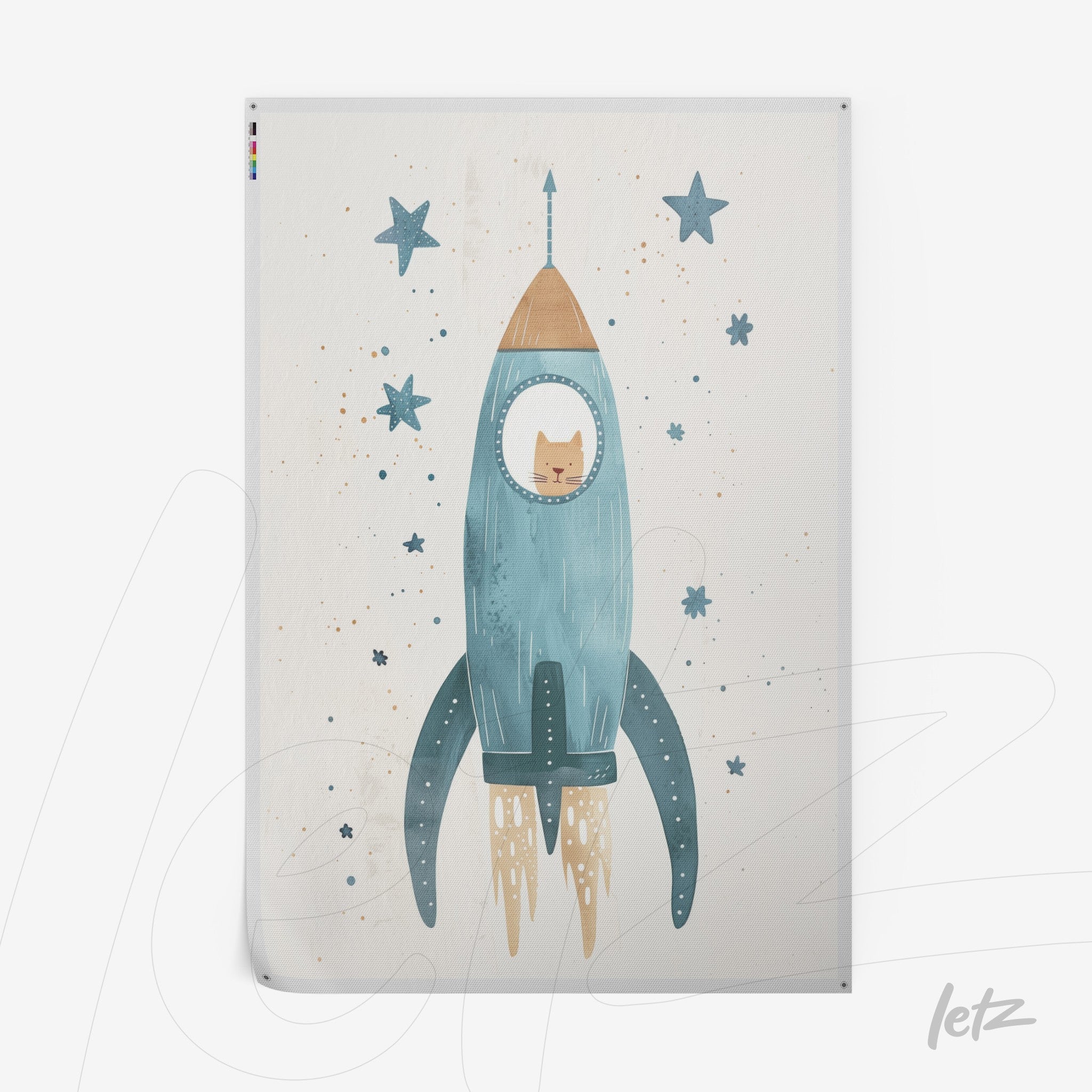quadro com ilustração de um gato dentro de uma espaçonave azul sobre fundo claro com estrelas