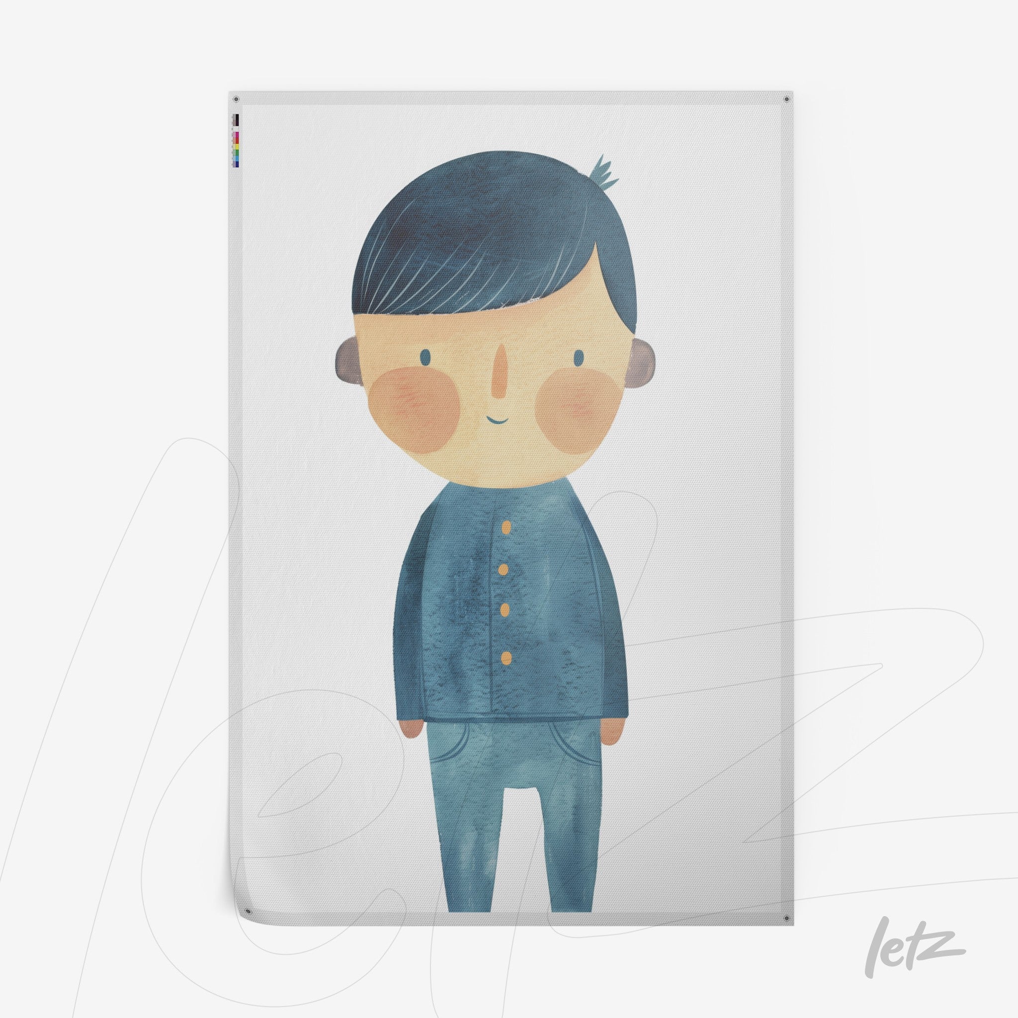 ilustração colorida de personagem infantil com cabelo azul escuro e roupa azul, em fundo branco