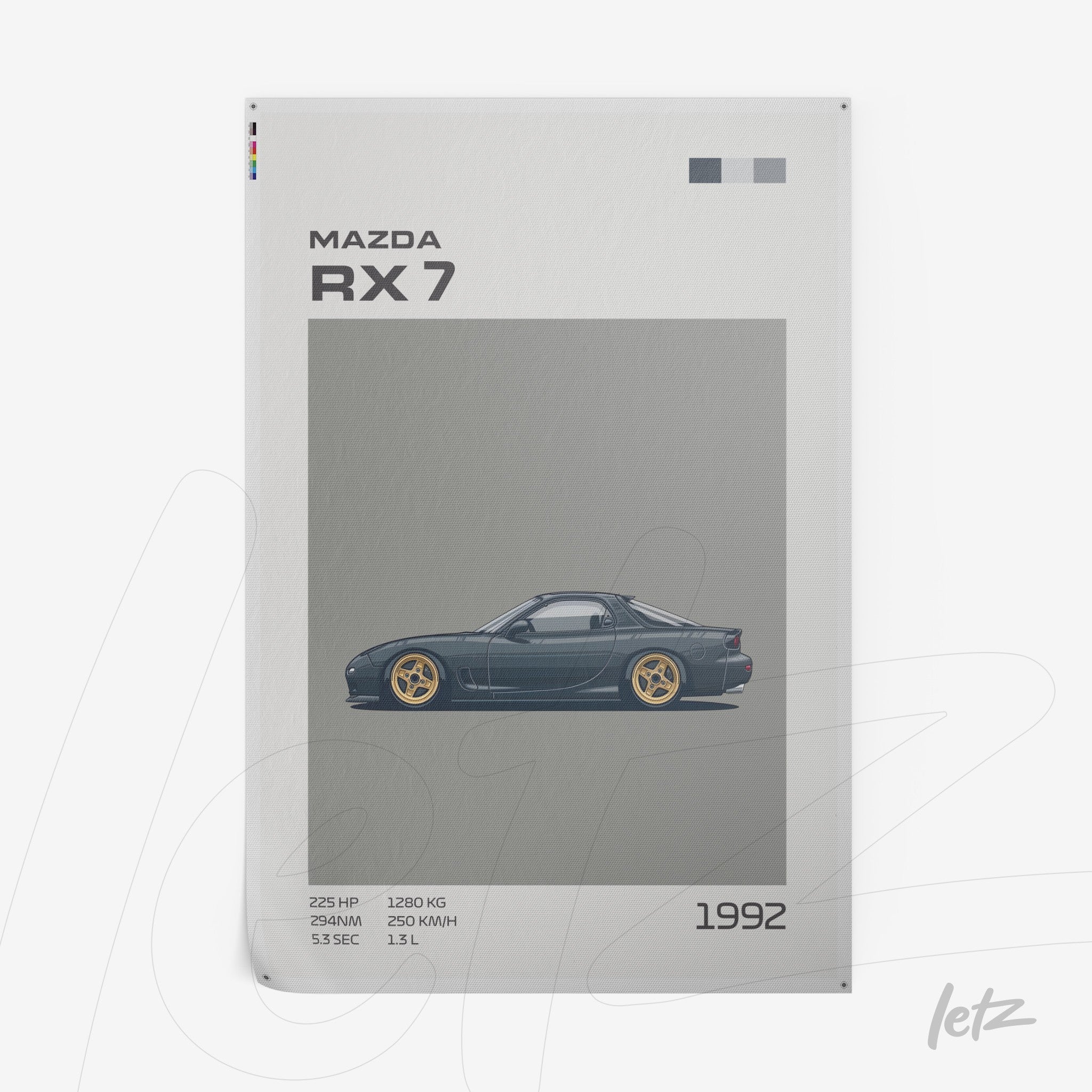 quadro com ilustração estilizada do carro Mazda RX-7 de 1992 em fundo cinza