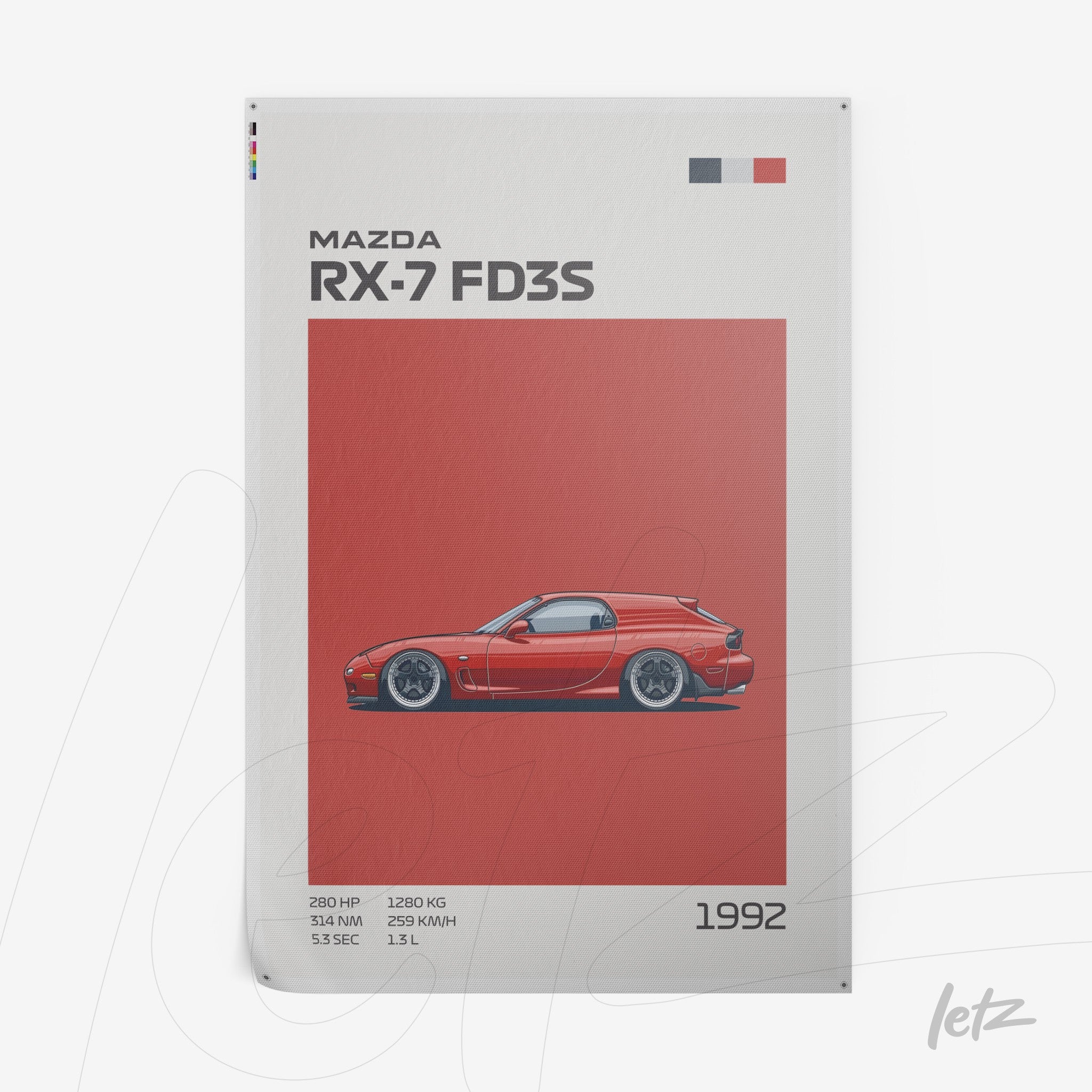 quadro com ilustração minimalista do carro Mazda RX-7 FD3S em fundo vermelho, exibido com detalhes técnicos e ano de fabricação 1992