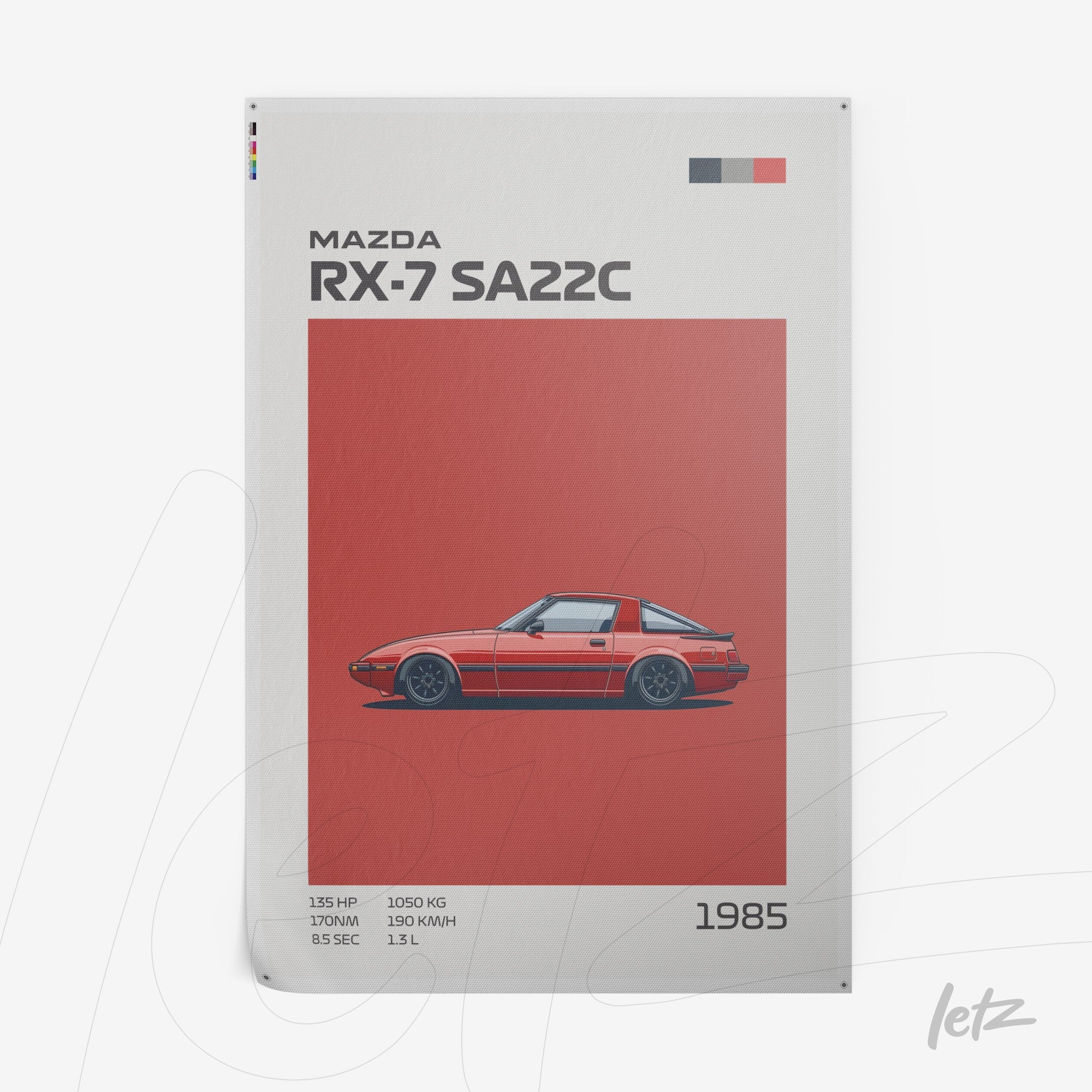 arte gráfica do carro Mazda RX-7 SA22C em fundo vermelho com detalhes em texto