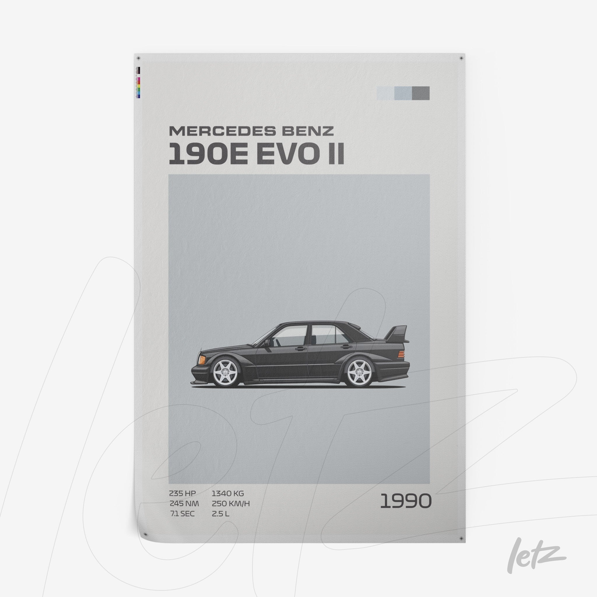 quadro com ilustração de um carro Mercedes Benz 190E EVO II em fundo cinza, detalhes técnicos ao lado