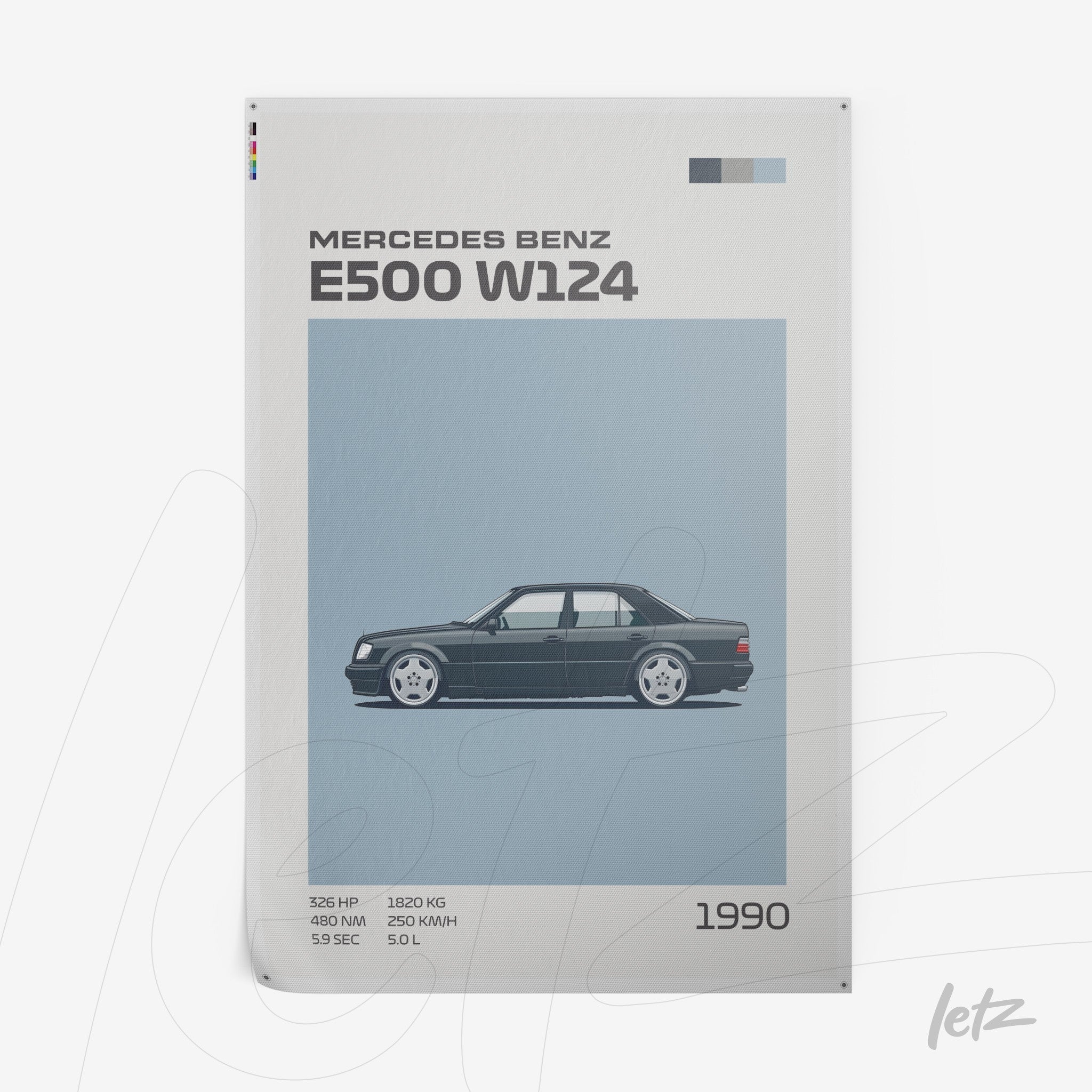 quadro ilustrativo do carro Mercedes Benz E500 W124 em estilo minimalista com fundo azul claro