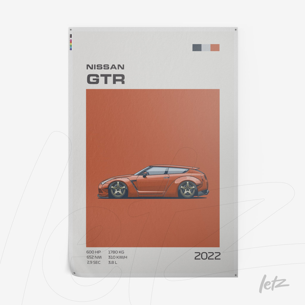 quadro decorativo com ilustração de um carro Nissan GTR em fundo laranja, detalhes em gráfico com especificações do modelo 2022