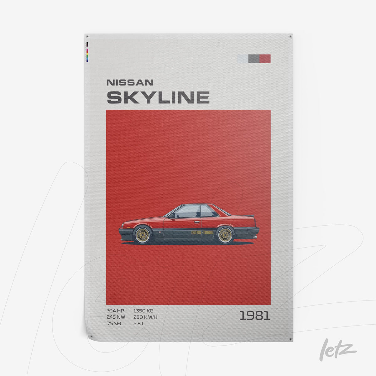 quadro com arte de carro esportivo Nissan Skyline de 1981 em fundo vermelho