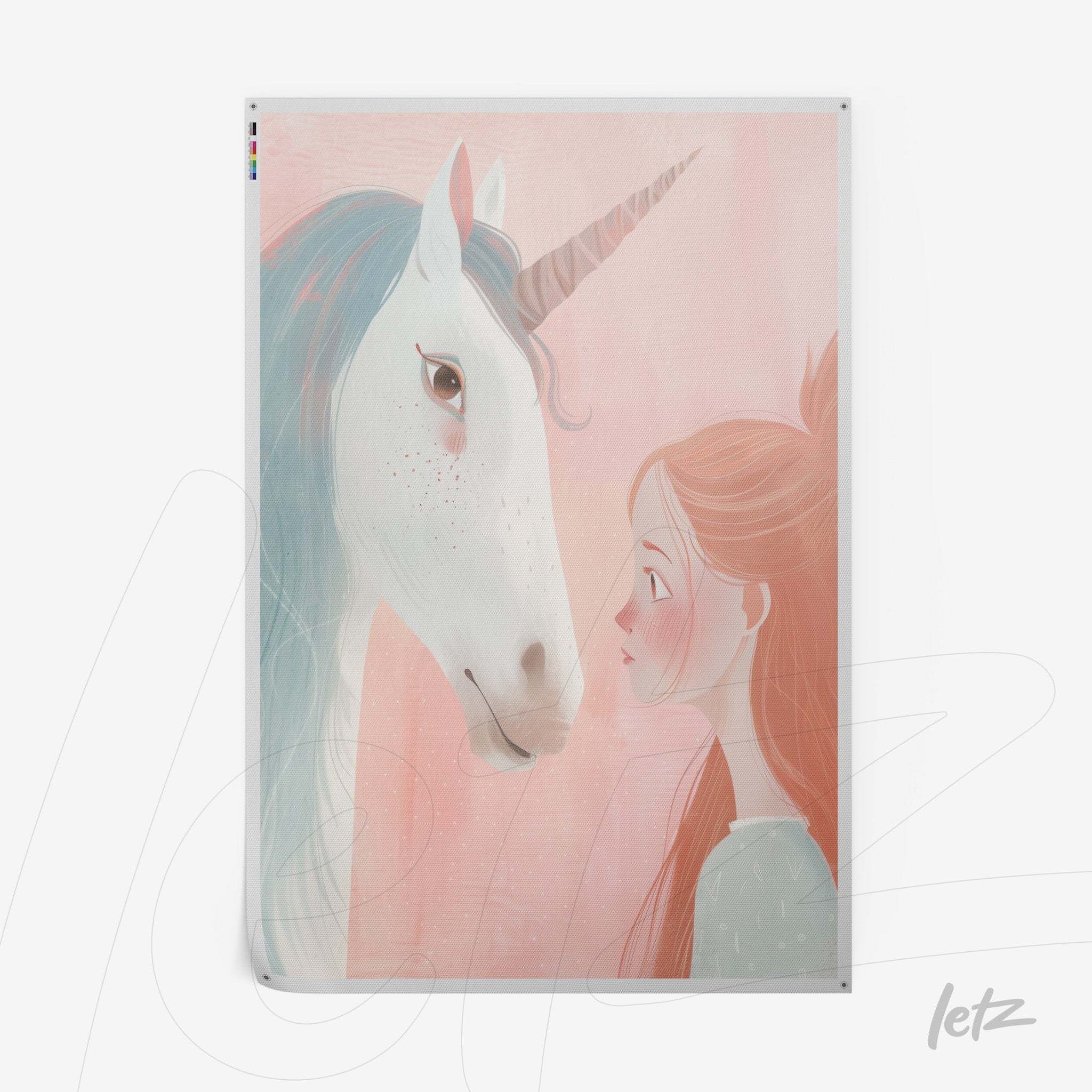 ilustração suave de uma jovem e um unicórnio em fundo rosa claro com detalhes delicados