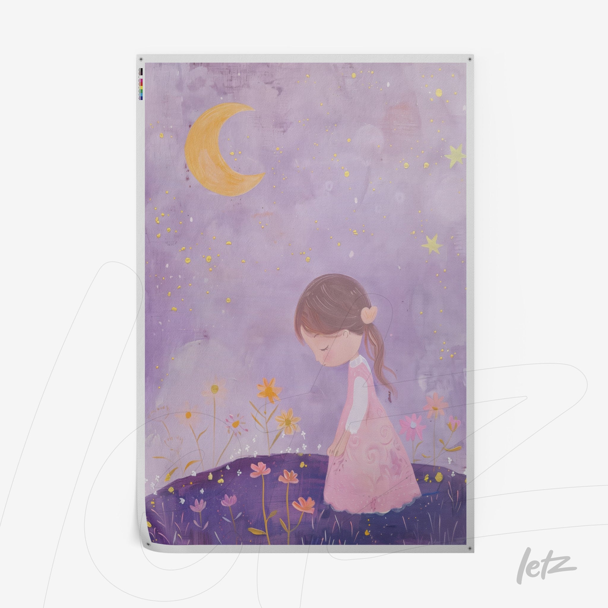 quadro com arte infantil de menina em vestido rosa com flores sob céu lilás e lua