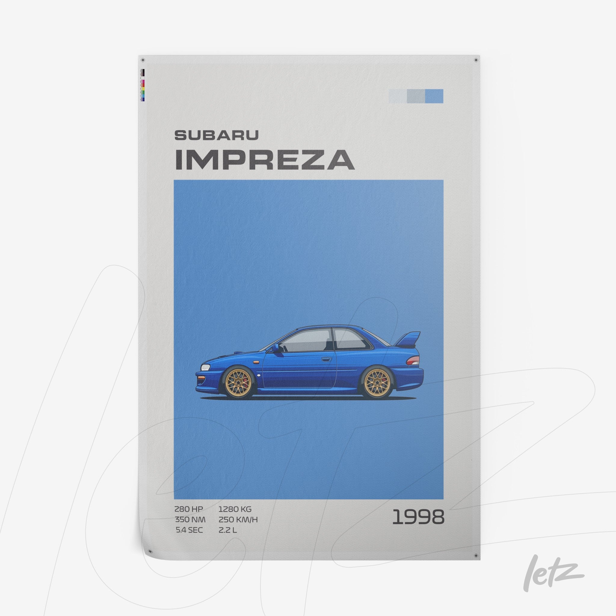 quadro com arte digital do carro Subaru Impreza de 1998 em fundo azul com detalhes gráficos