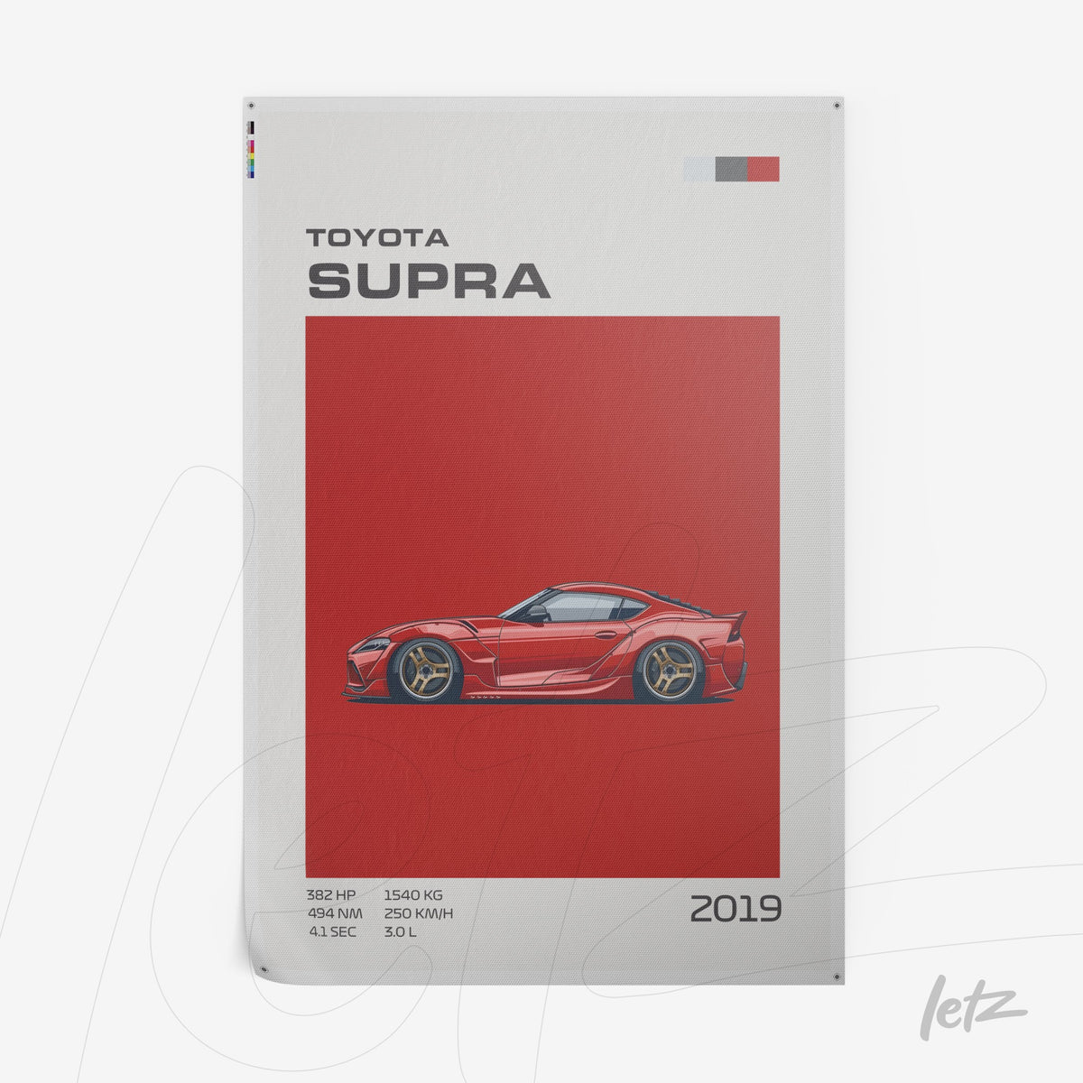 quadro com ilustração do carro Toyota Supra em destaque sobre fundo vermelho