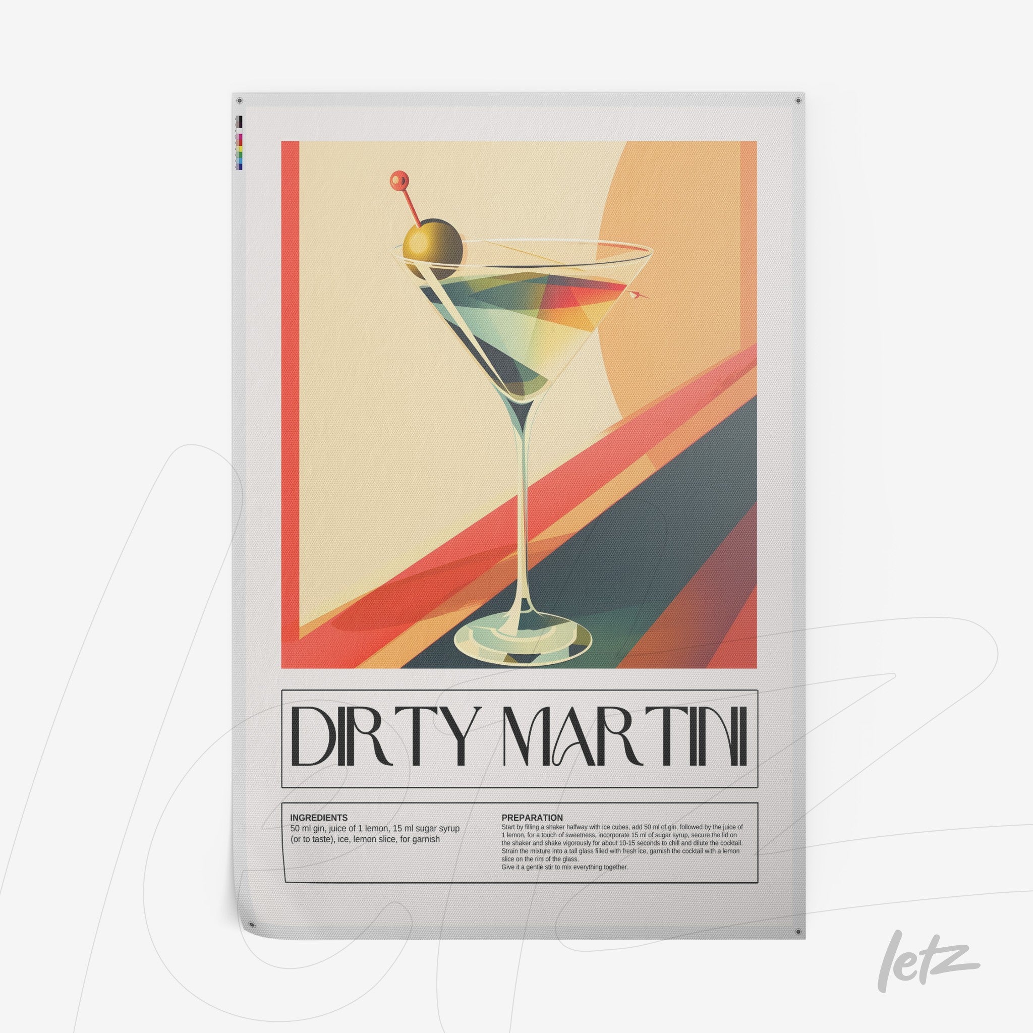 quadro com arte estilizada de drink martini sujo em moldura preta fina