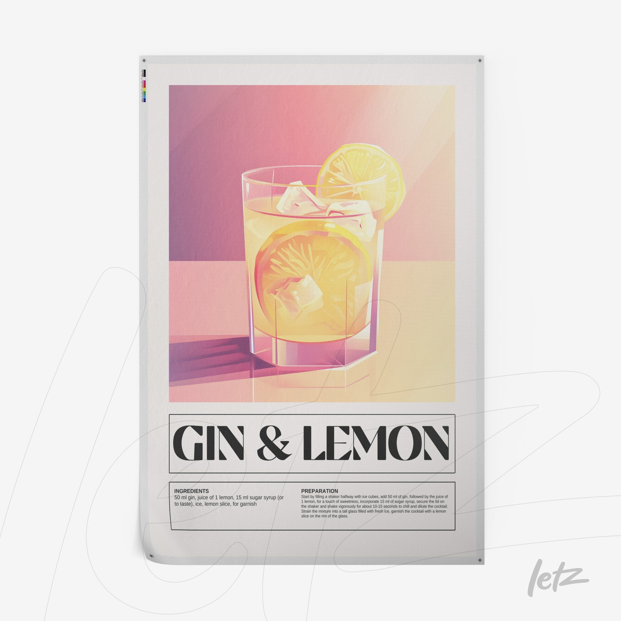 quadro com arte digital de drink gin com limão em fundo rosa, moldura branca