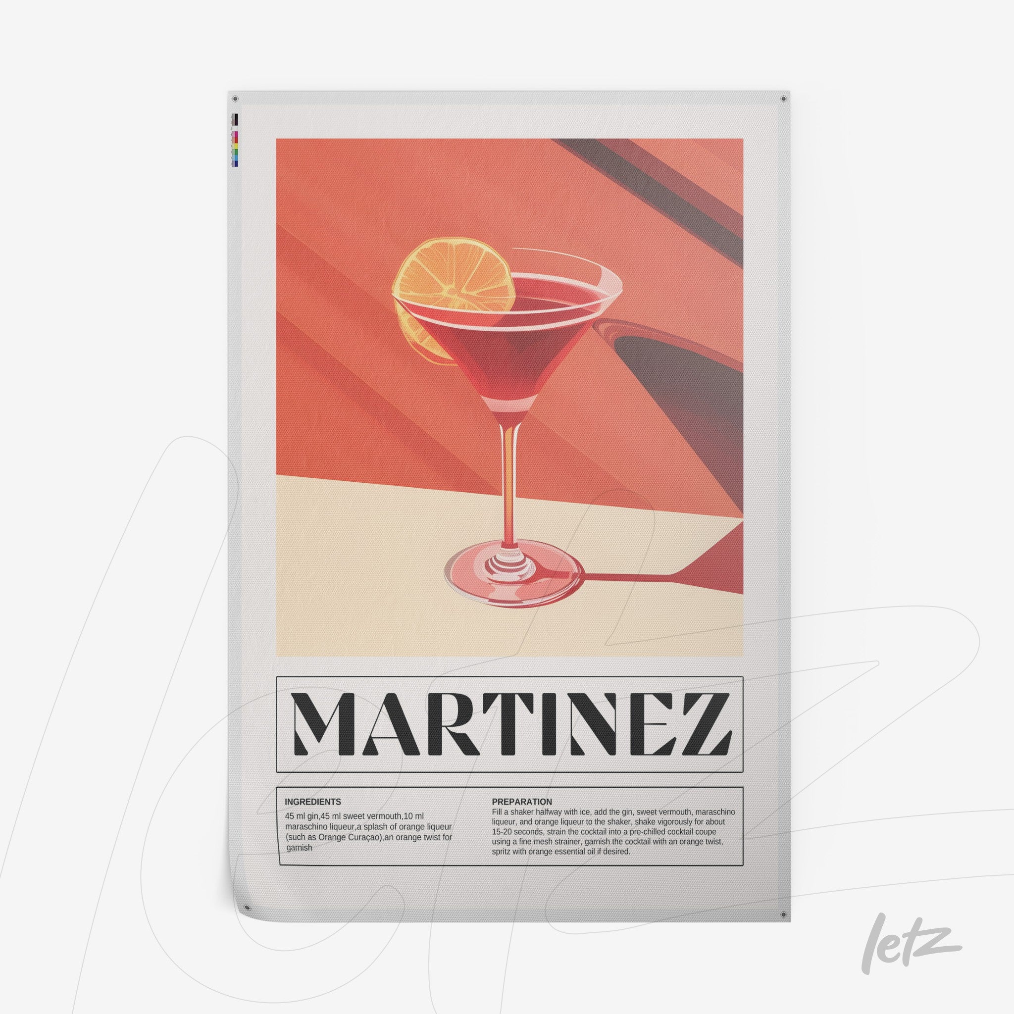 quadro com arte retrô de drink martinez em fundo laranja com detalhes geométricos