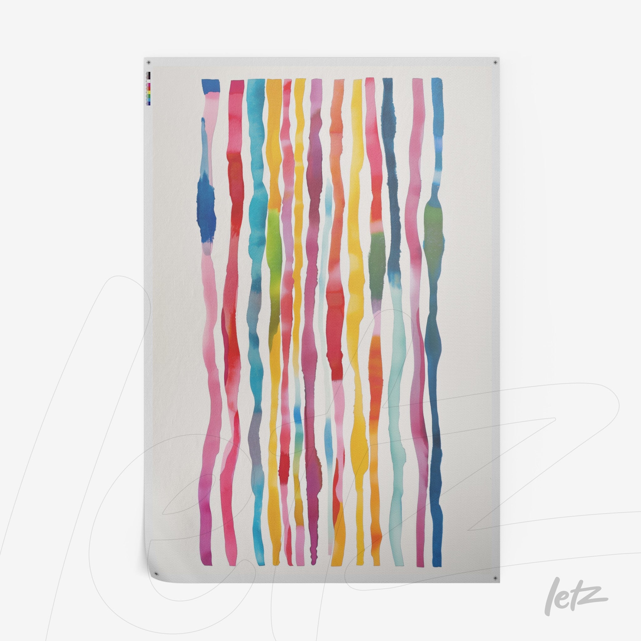 quadro com arte abstrata de linhas verticais coloridas em fundo claro