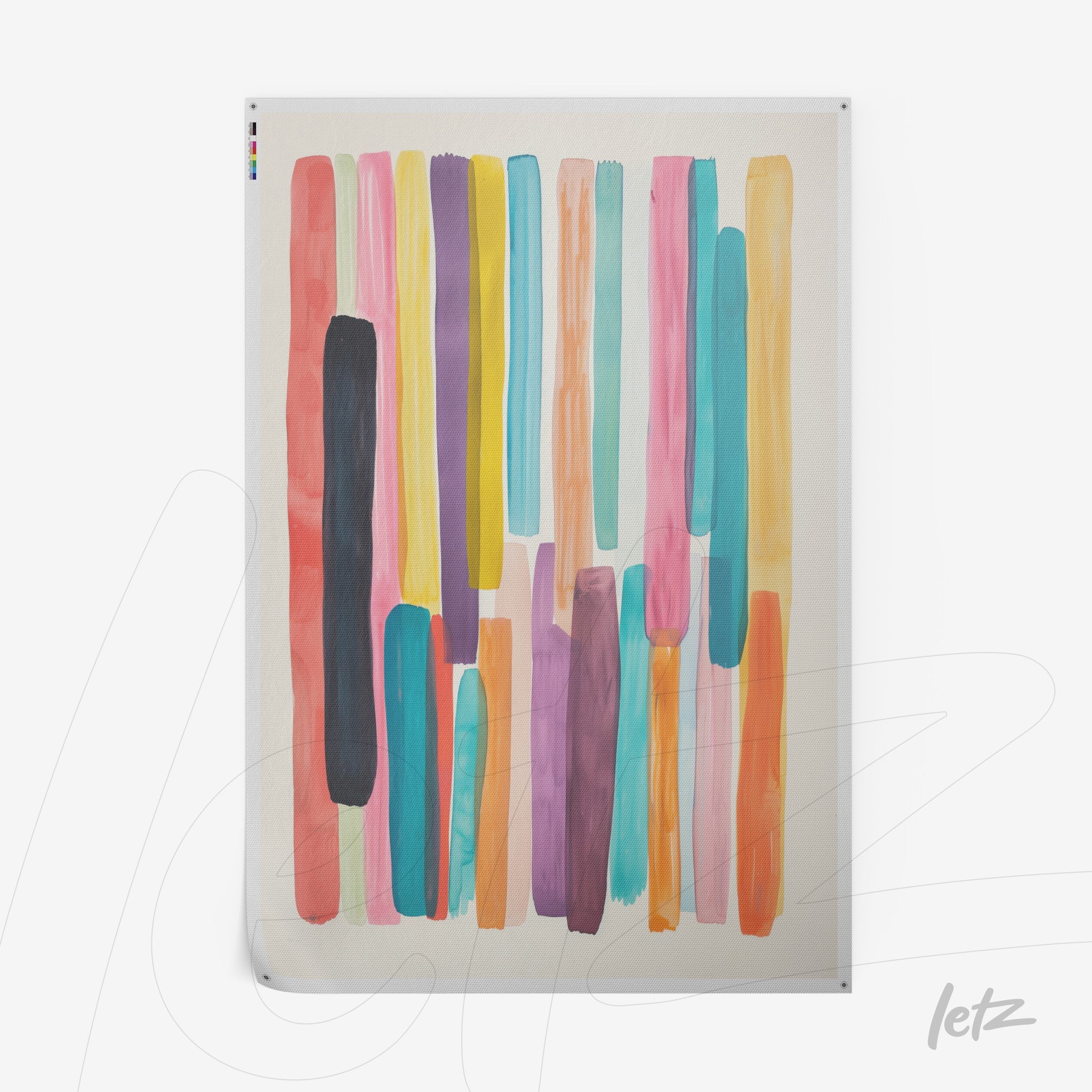 pôster com arte abstrata em cores vibrantes, incluindo listras rosa, azul, laranja e roxo sobre fundo claro