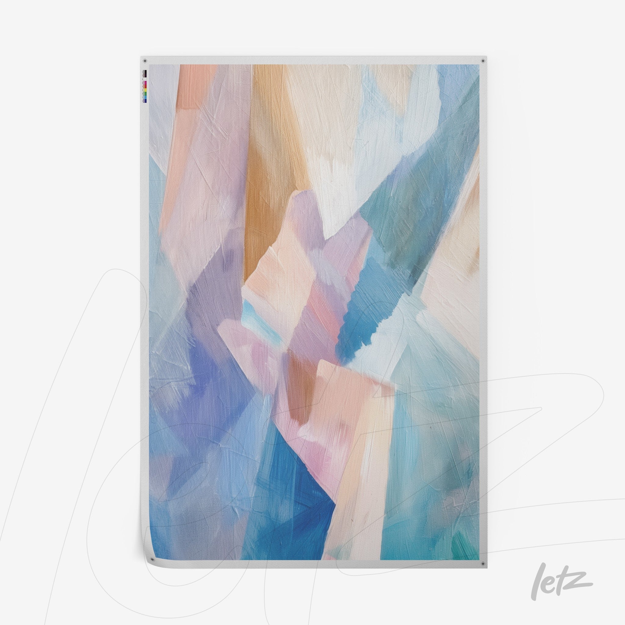 quadro com arte abstrata em tons de azul, rosa e creme, com pinceladas suaves e texturizadas