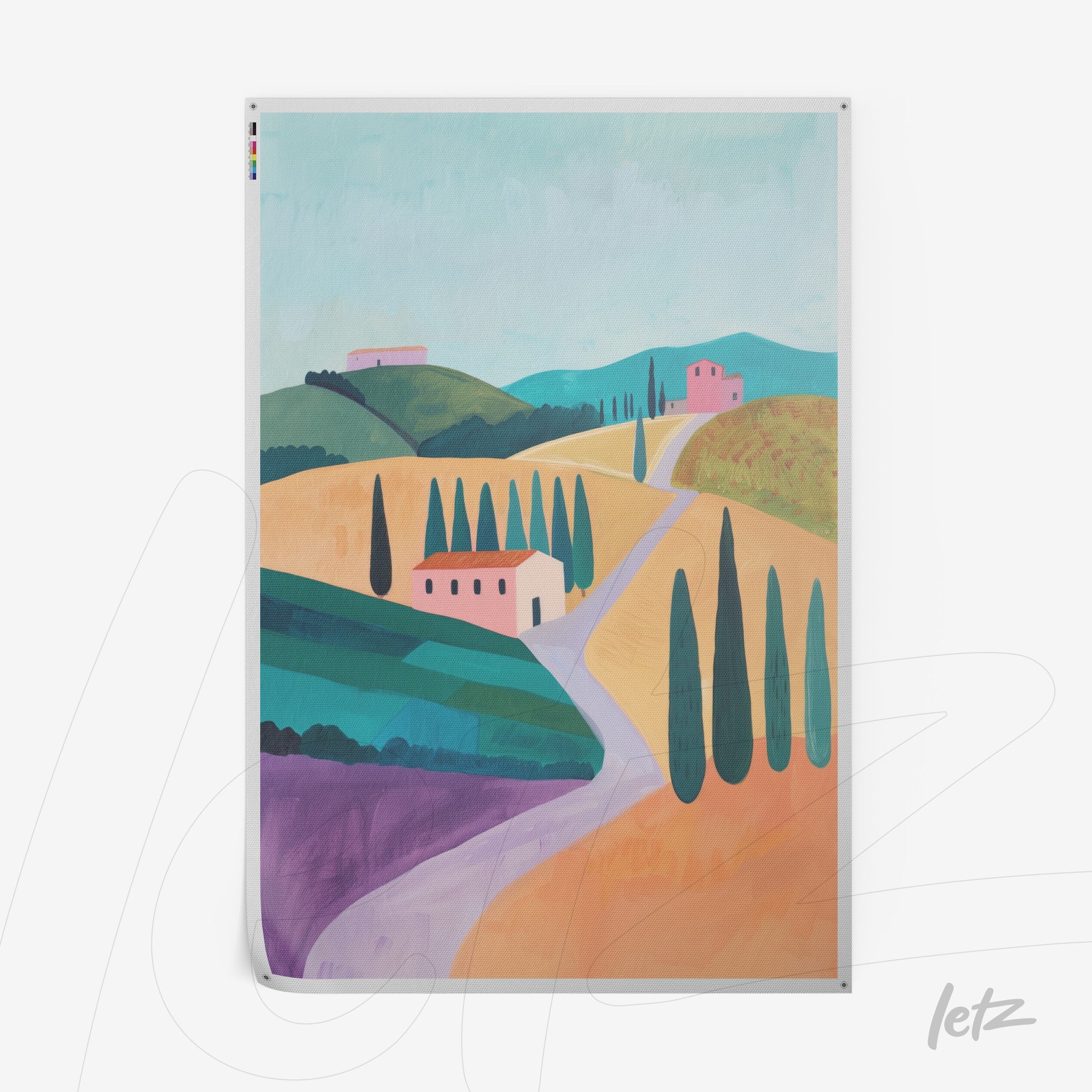 quadro com arte contemporânea de paisagem toscana, destacando colinas verdes, casas em tons de rosa, ciprestes altos e um caminho sinuoso