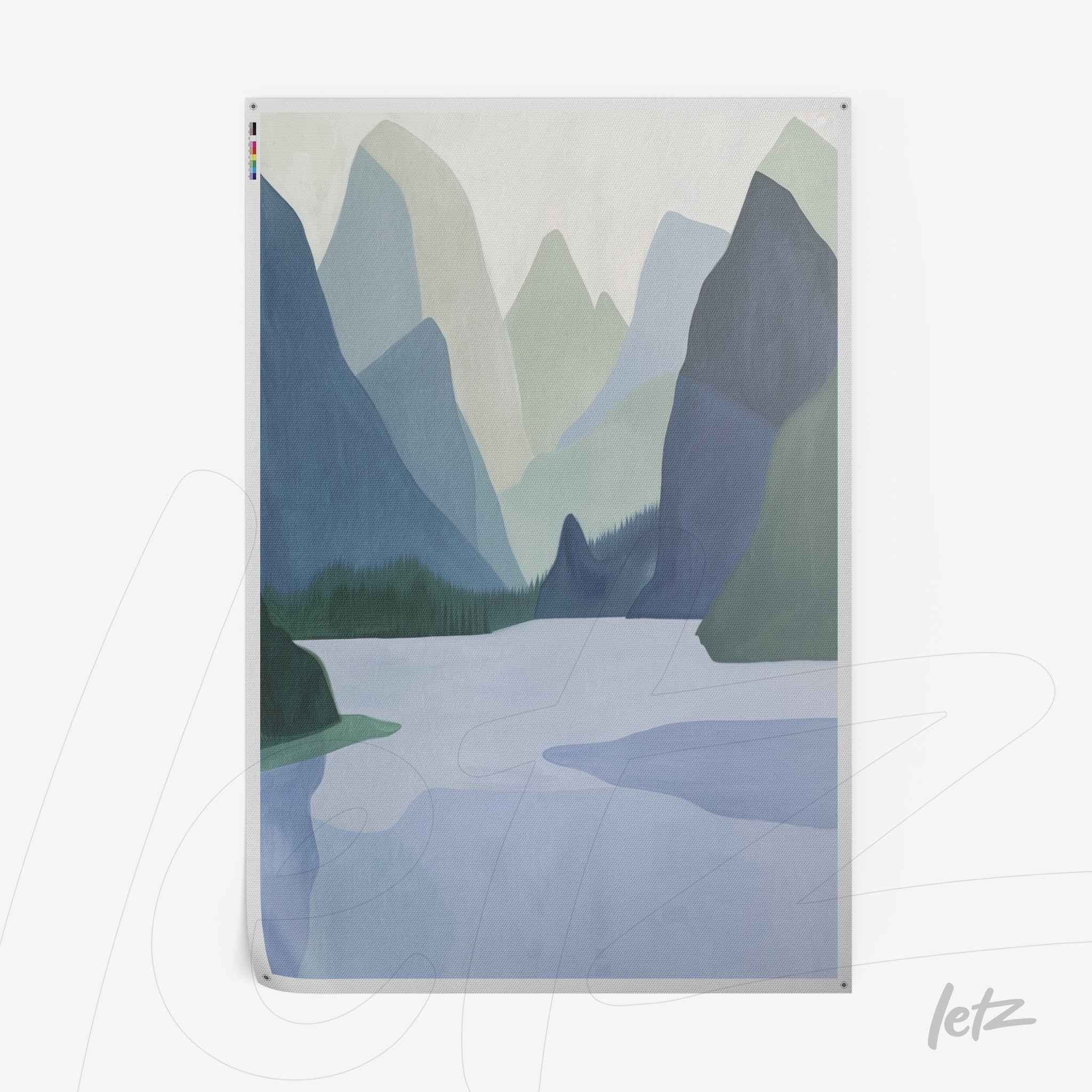 quadro com paisagem montanhosa minimalista em tons de azul e verde, com lago e florestas ao fundo
