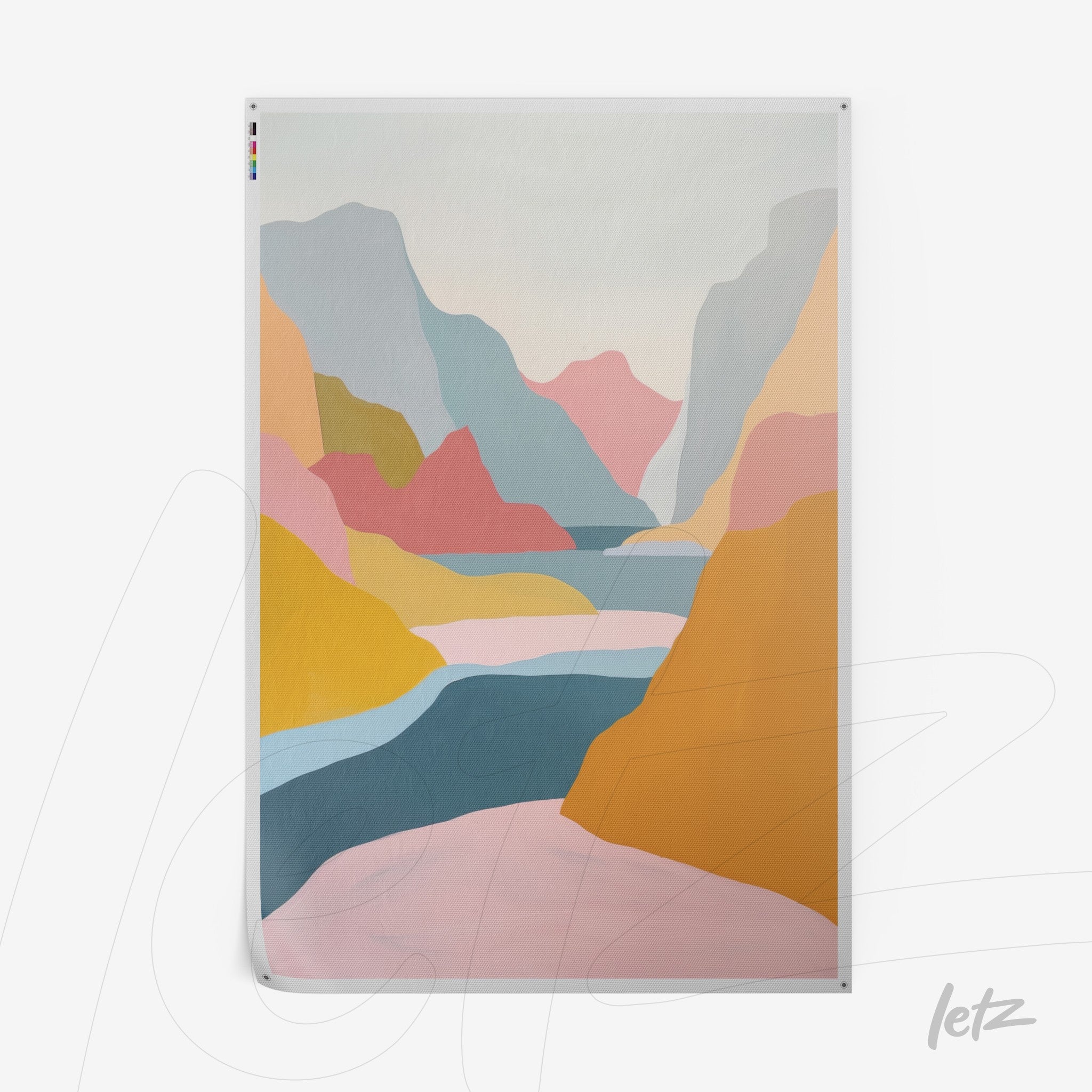 quadro com arte abstrata em cores pastéis representando montanhas e um lago calmo