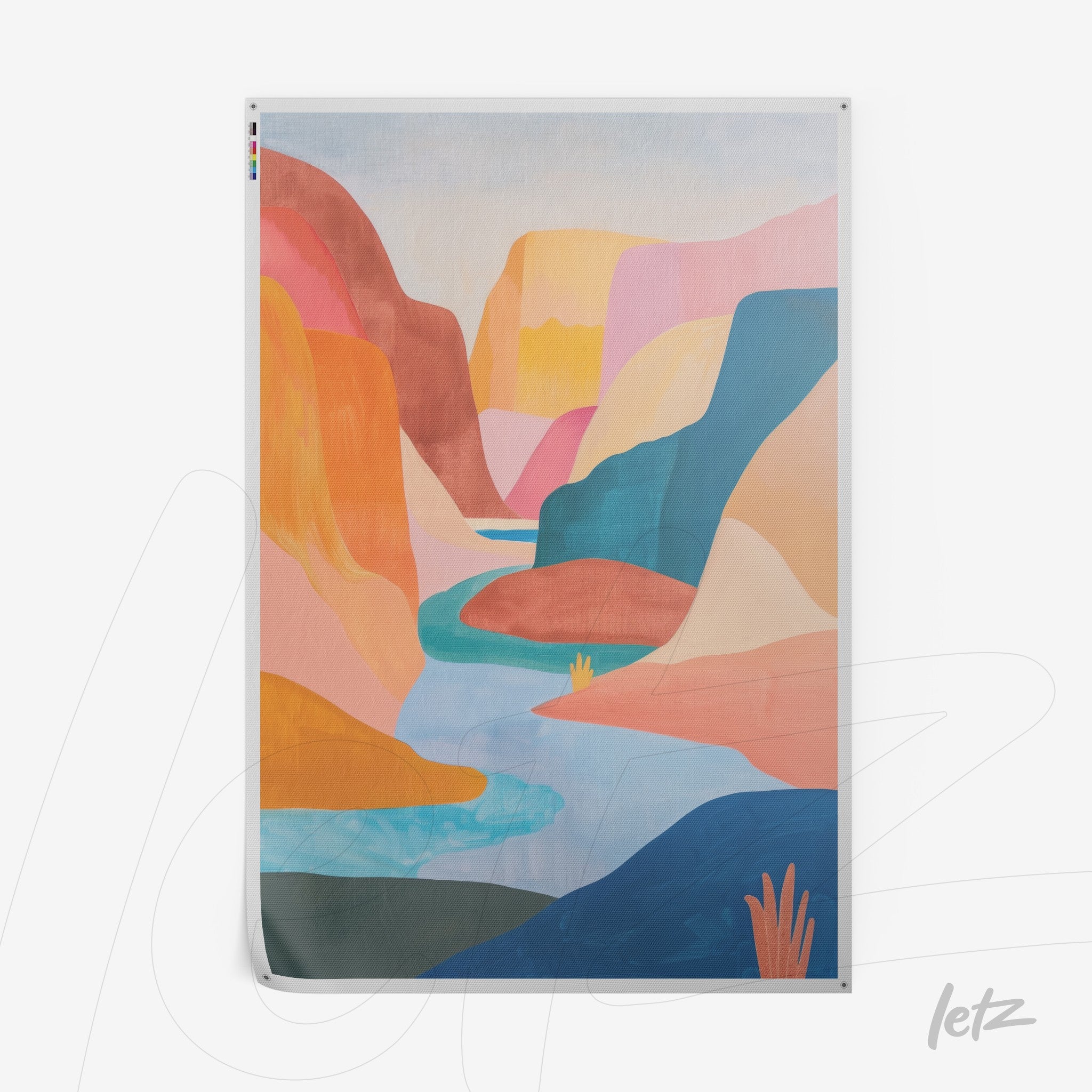 quadro com arte abstrata em tons quentes representando um canyon com um rio sinuoso ao centro