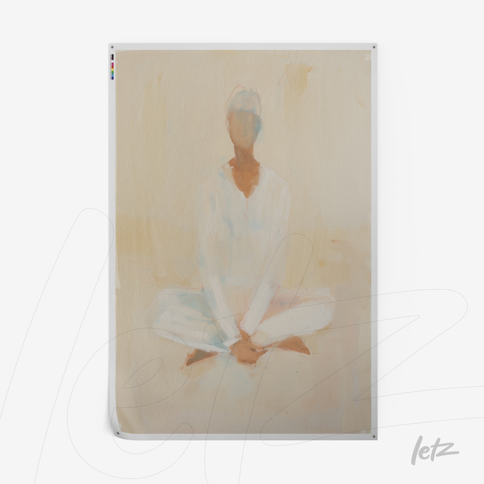 pintura de figura humana sentada em posição de meditação, com fundo em tons neutros e suaves