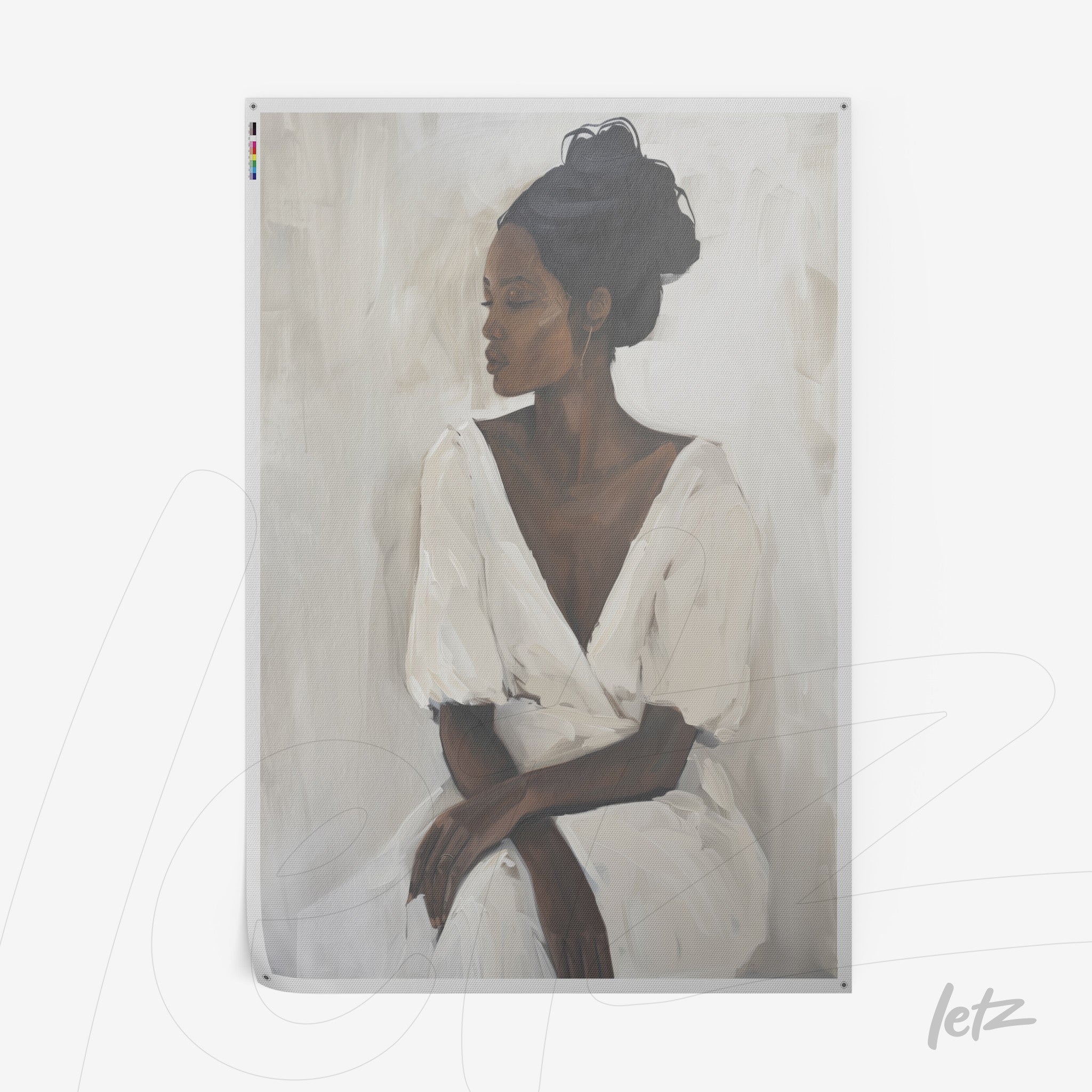 quadro com arte de retrato feminino em tons neutros, mostrando mulher de pele escura vestindo um vestido branco com mangas bufantes