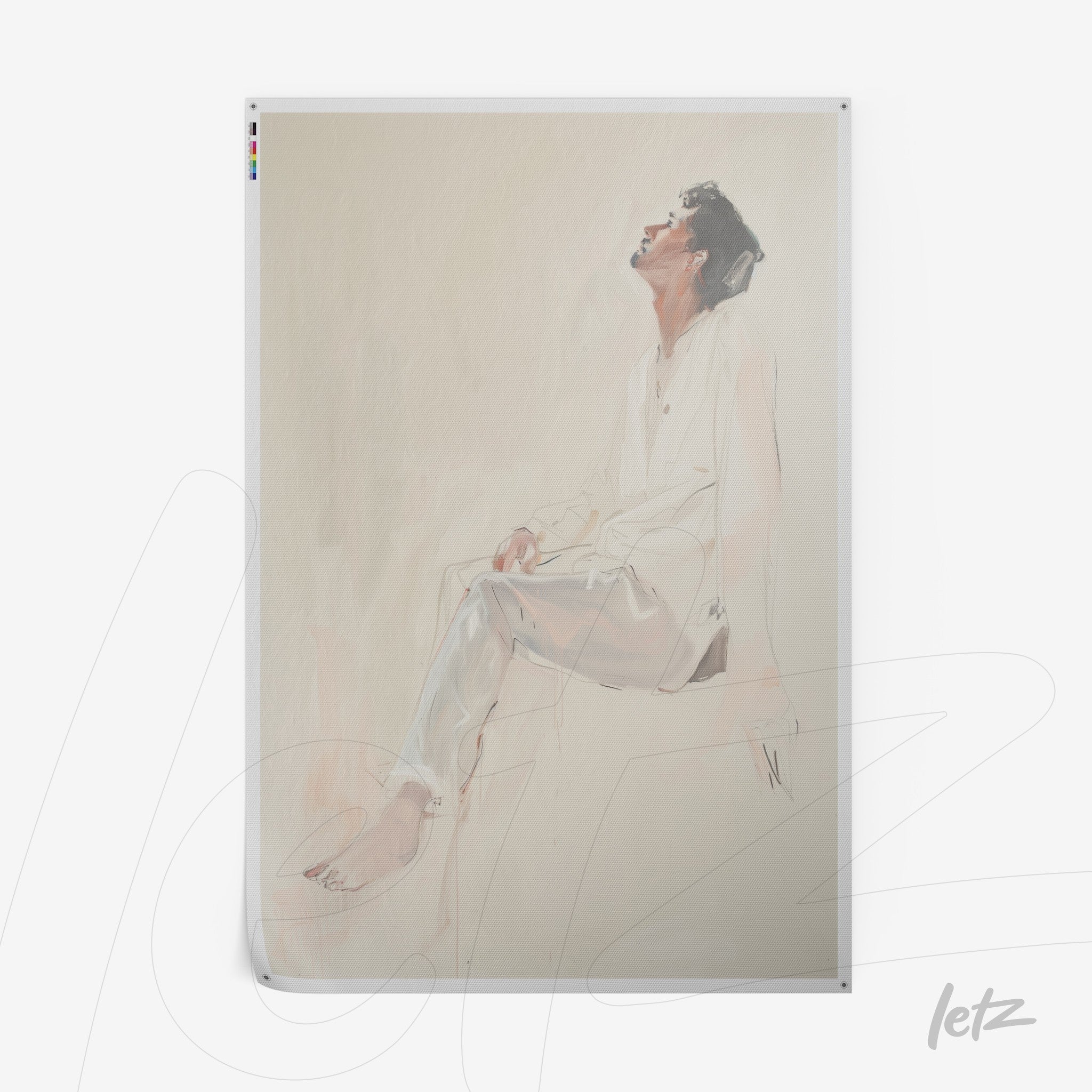 arte digital de retrato de homem sentado com roupa branca e expressão contemplativa em fundo suave