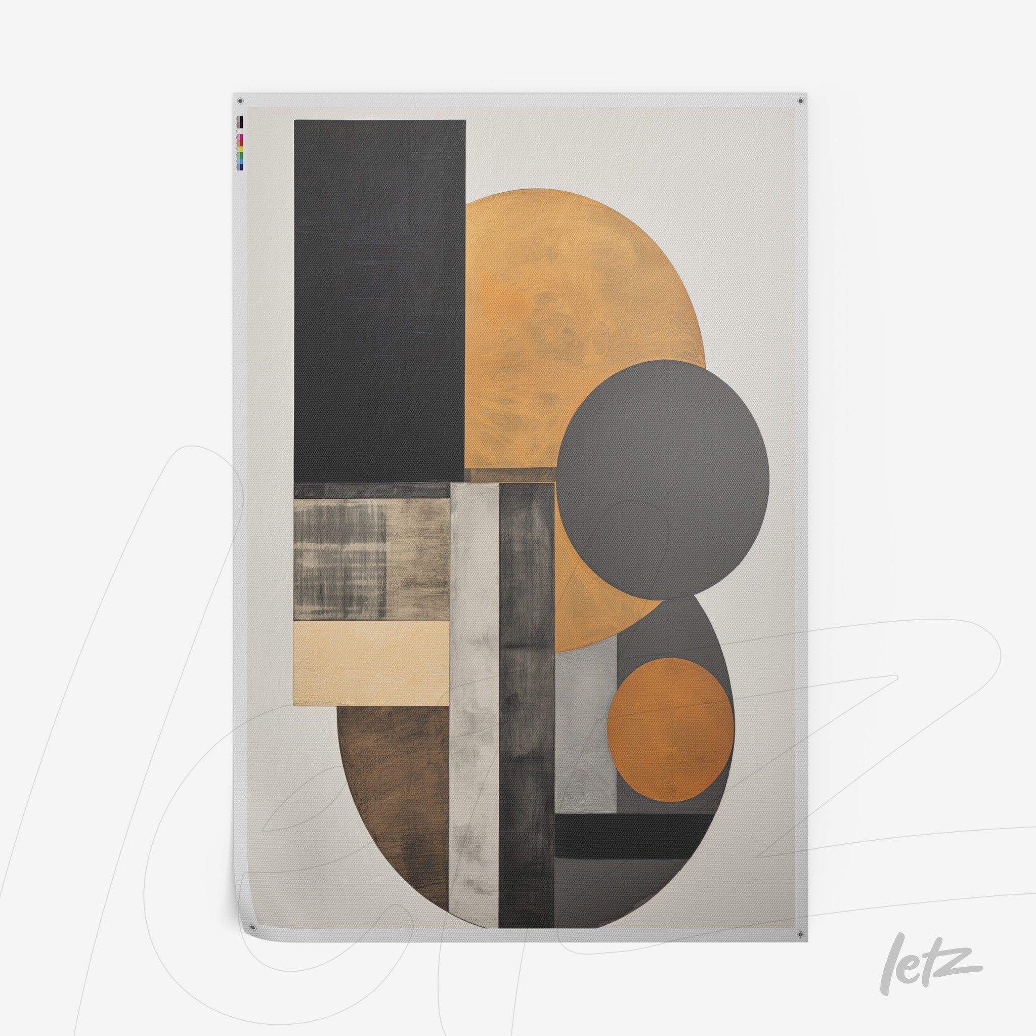 quadro com design abstrato em tonalidades de laranja, preto e cinza, com formas geométricas sobre fundo creme