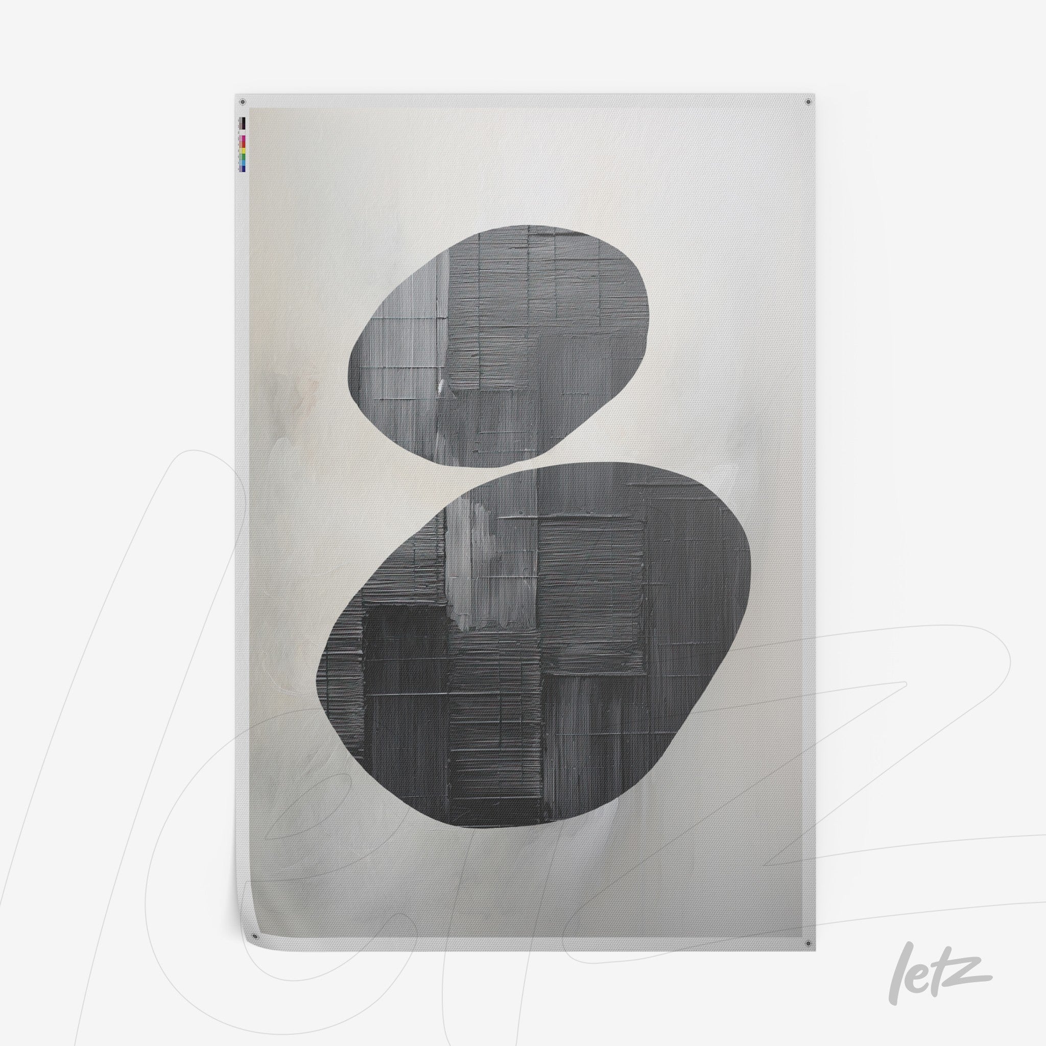 quadro com formas geométricas em tons de preto sobre fundo claro