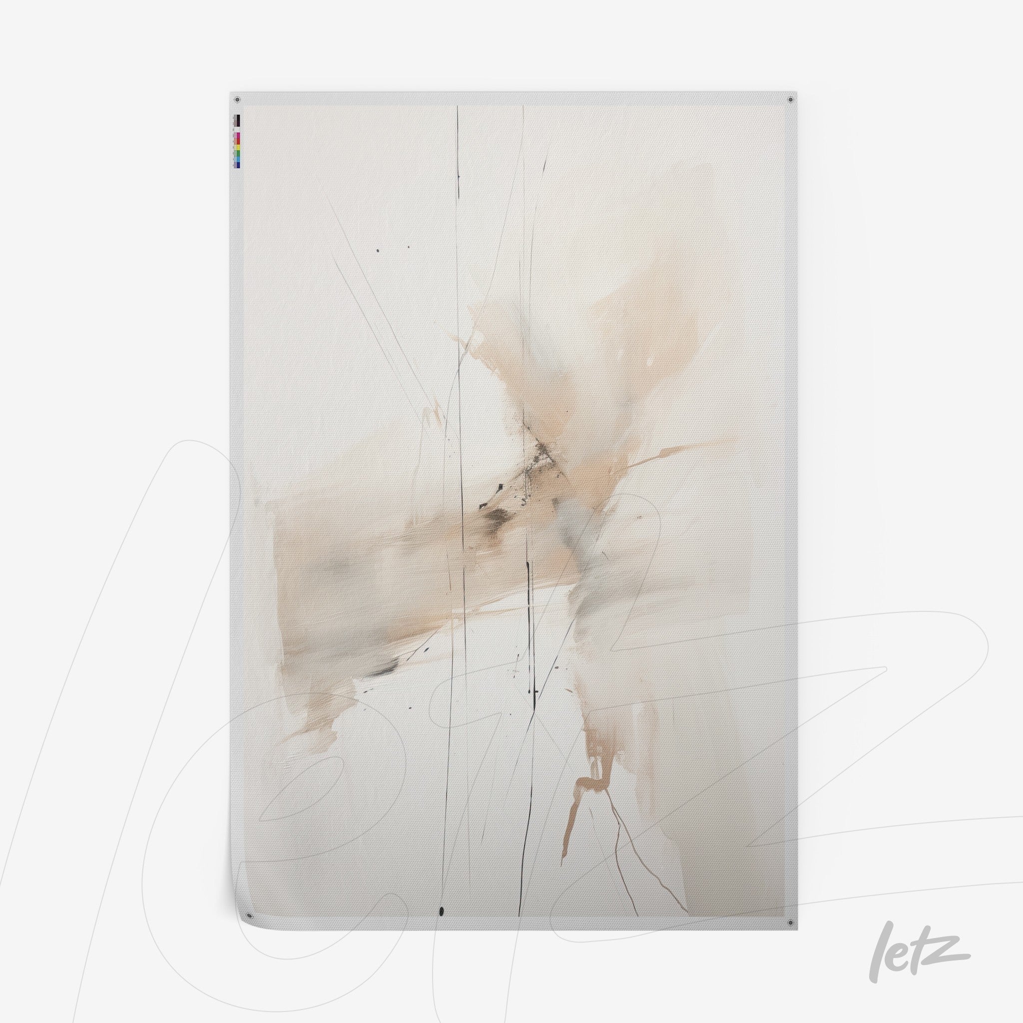 quadro abstrato em tons neutros com pinceladas suaves e traços finos em fundo claro