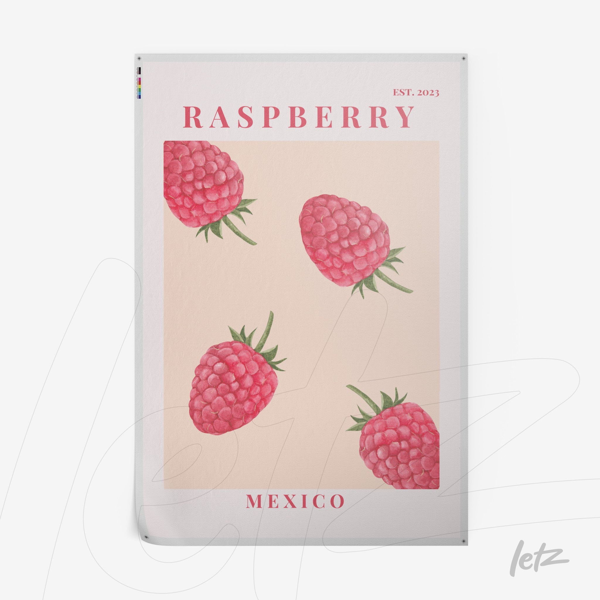 pôster com ilustração de framboesas em fundo bege claro com texto estilizado na parte superior