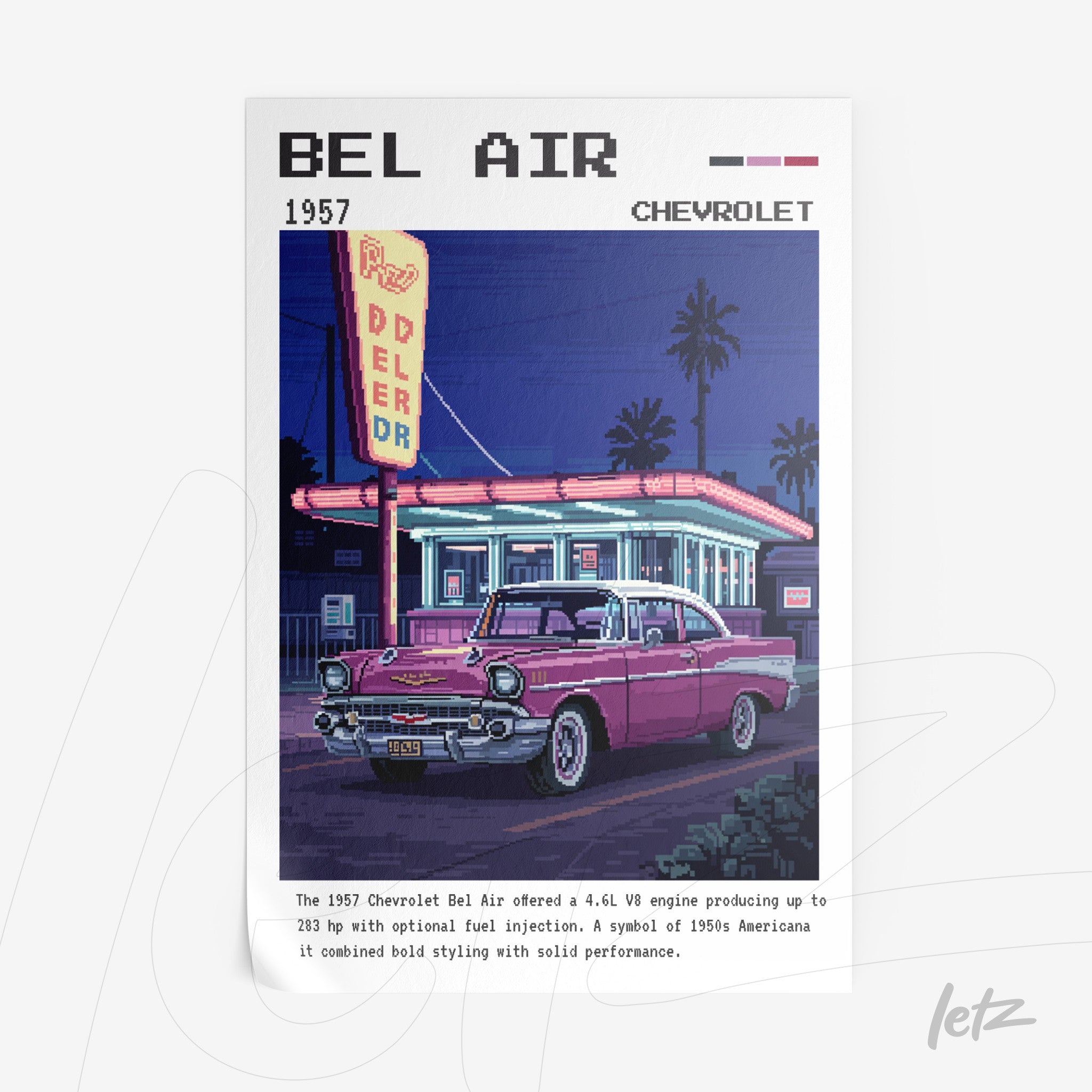 arte digital de um carro Chevrolet Bel Air 1957 em fundo estilo retrô com neon