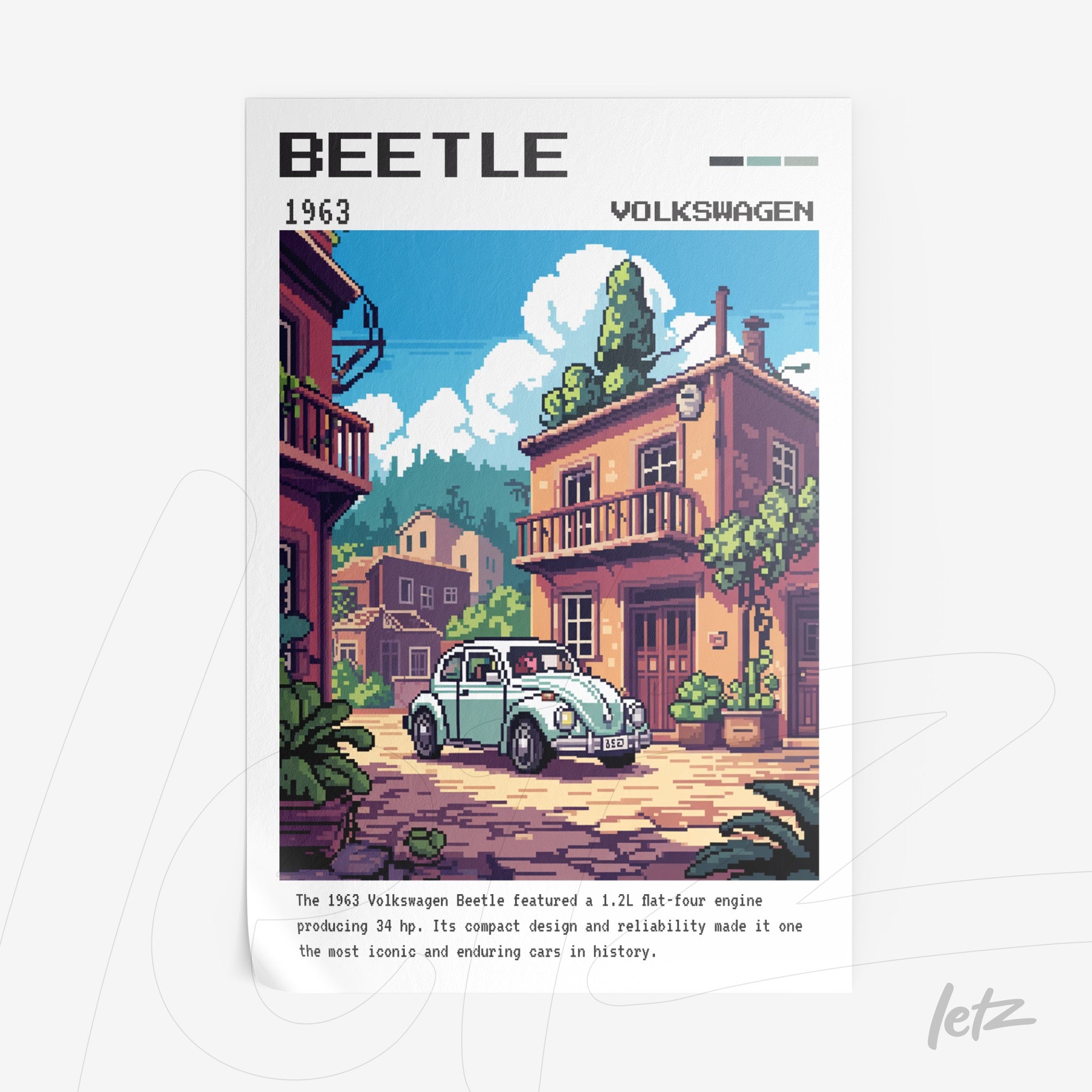 pôster com arte retro do carro Volkswagen Beetle 1963 em uma rua com casas coloridas