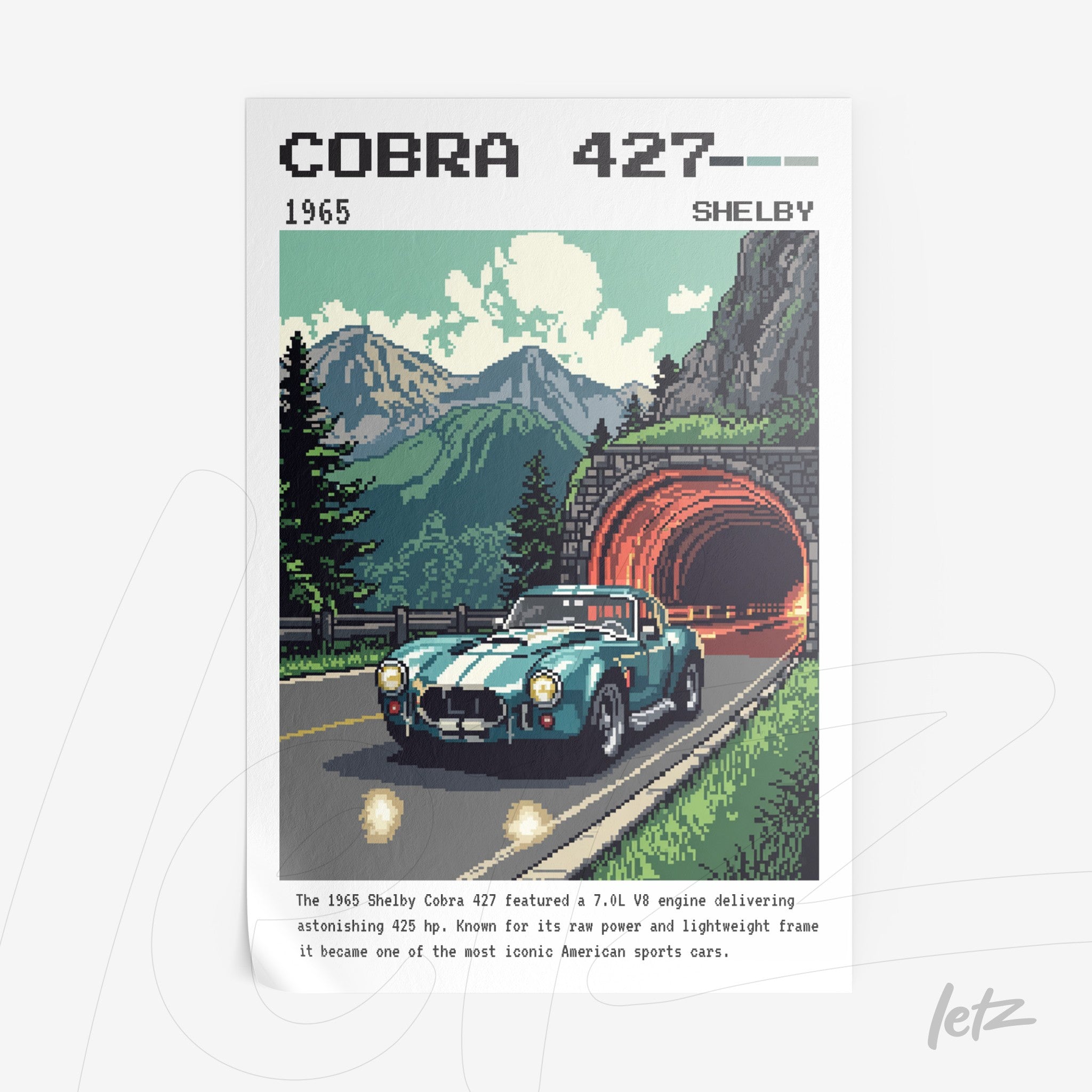 quadro com arte retrô de um carro Shelby Cobra 427 em estrada com montanhas ao fundo e túnel
