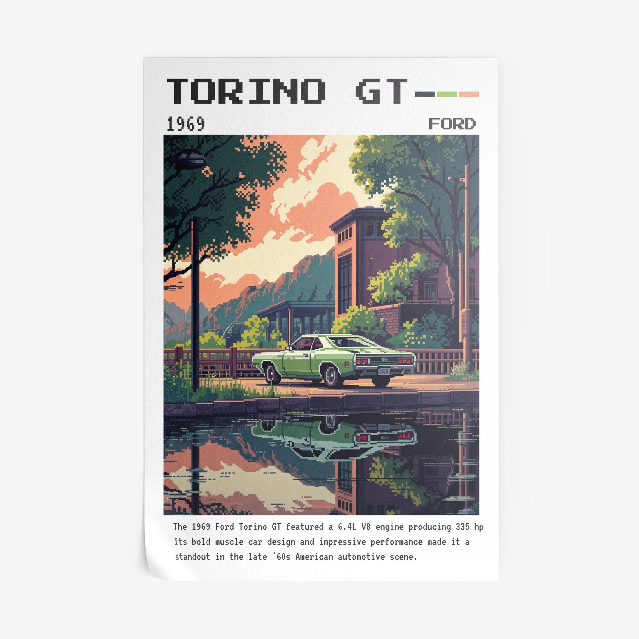 quadro com arte digital retrô do carro Ford Torino GT de 1969 em fundo com reflexo na água