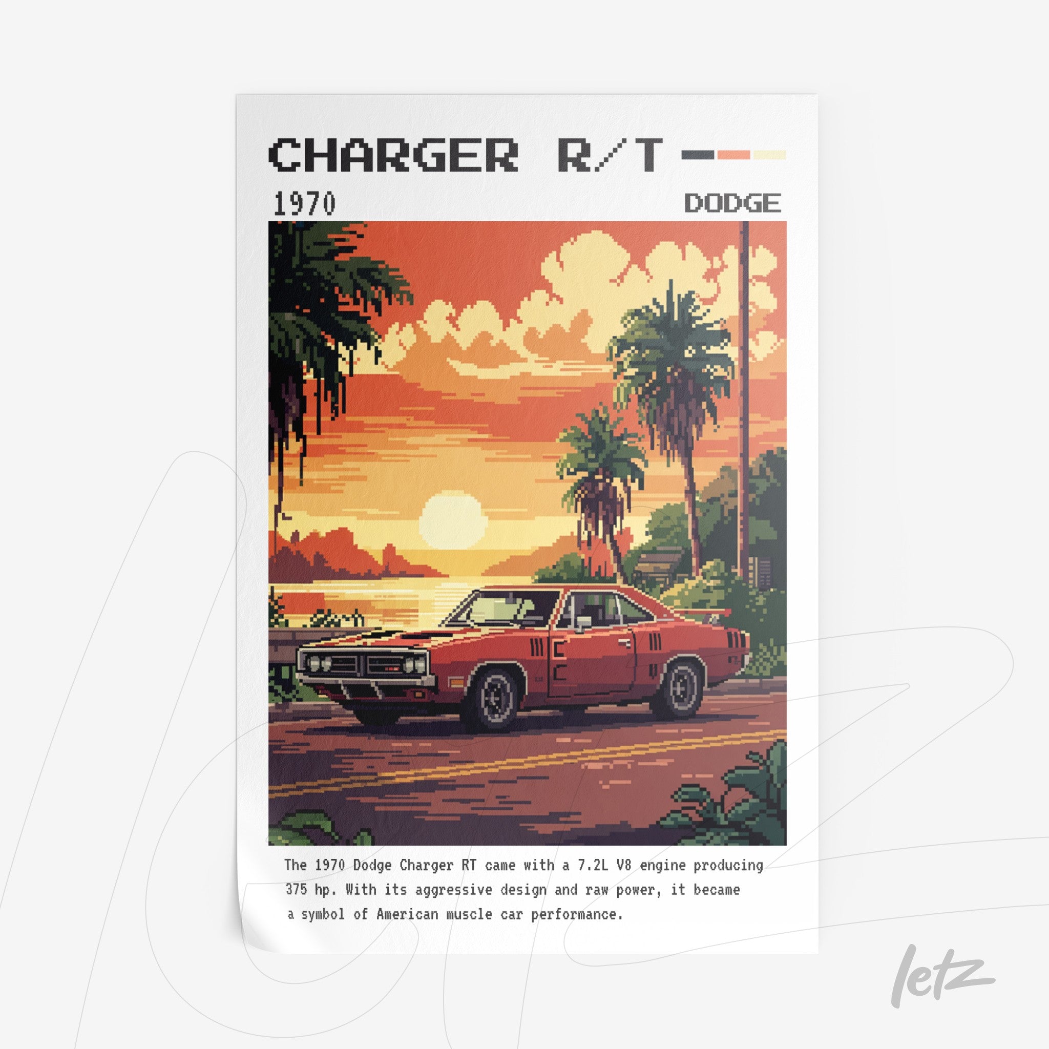 quadro com arte pixelada do carro Dodge Charger R/T 1970 em uma paisagem tropical ao pôr do sol