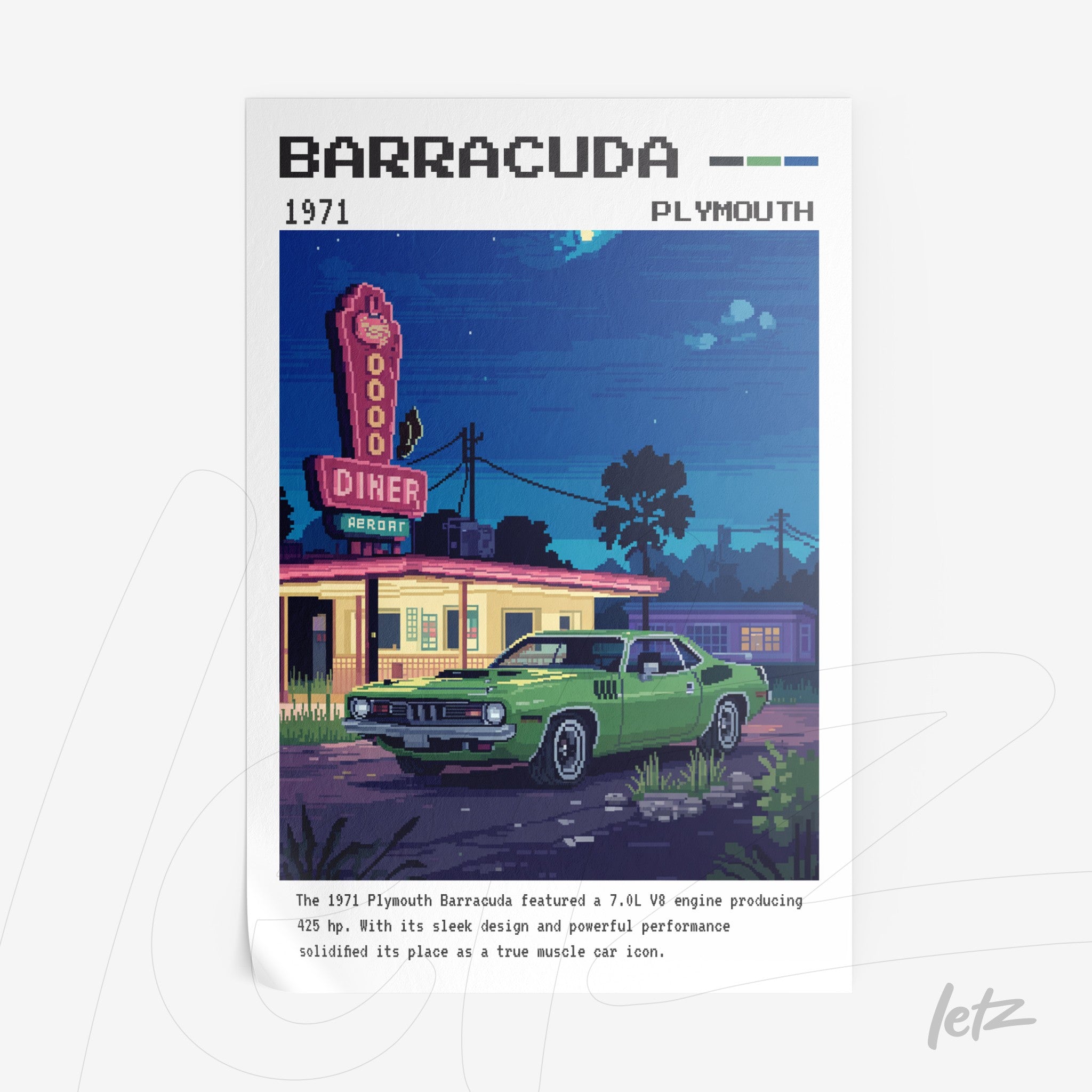 pôster com ilustração pixel art do carro Barracuda em frente a um diner vintage iluminado à noite
