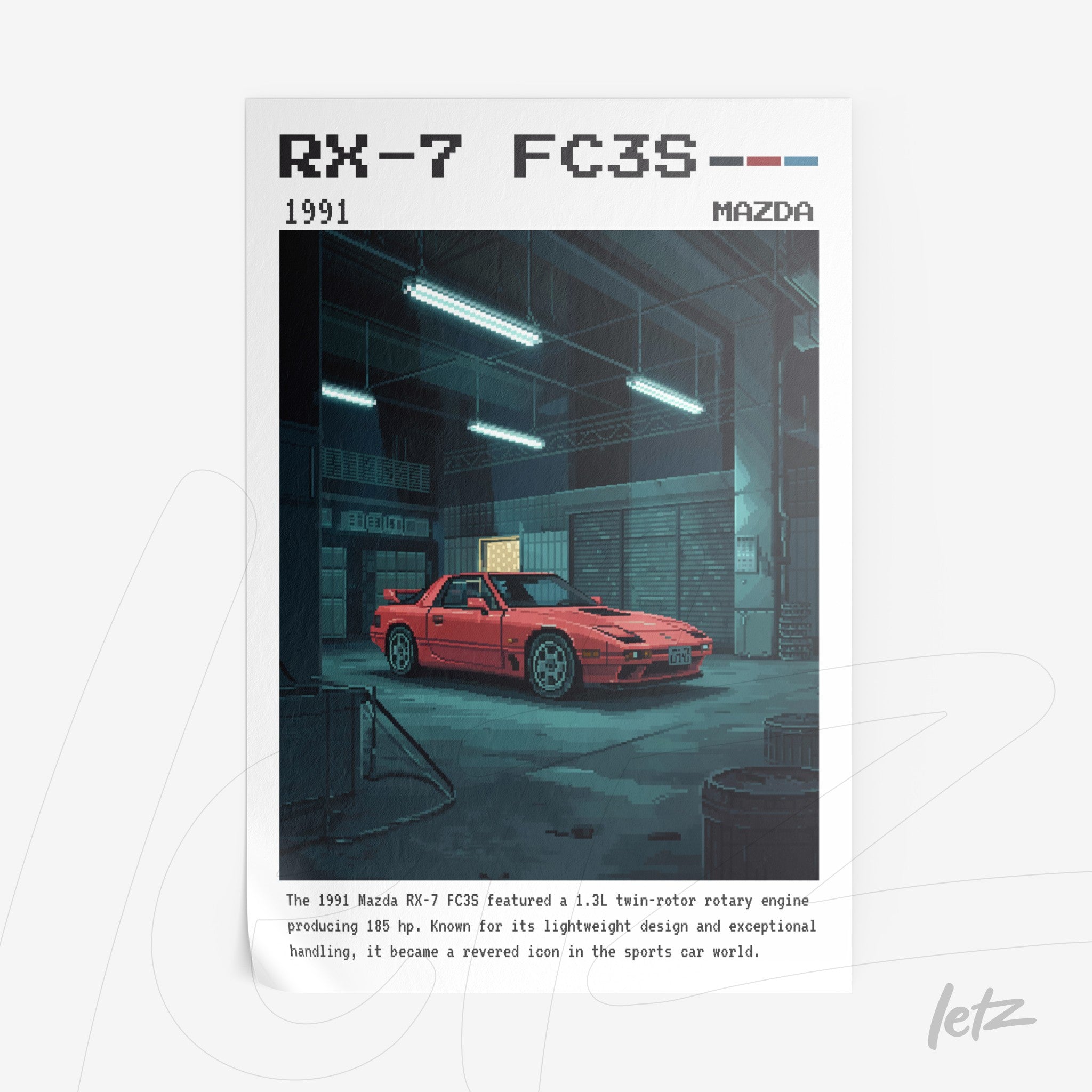 quadro com arte digital de um Mazda RX-7 FC3S vermelho em uma garagem escura, com elementos retrô