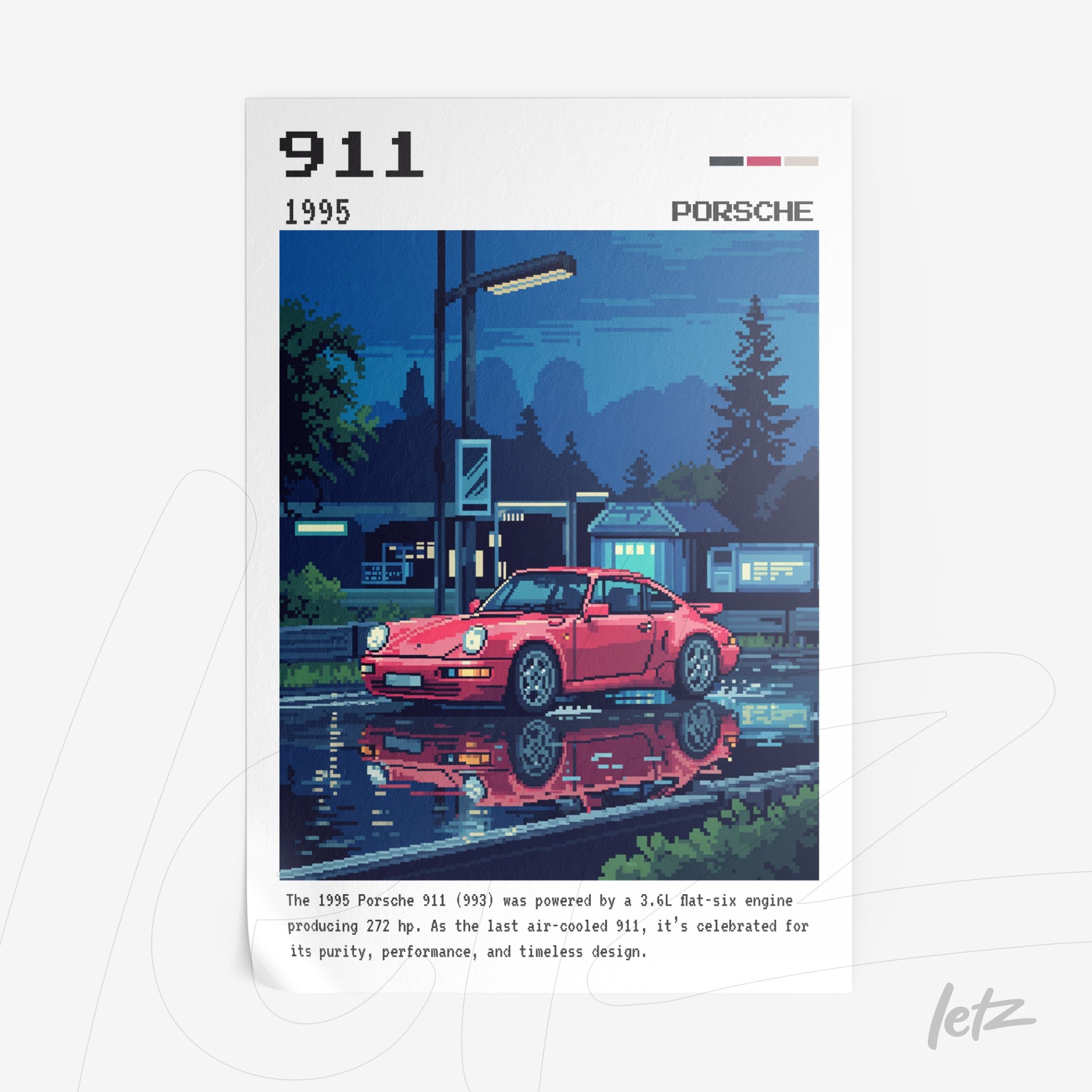quadro com arte pixelada de um Porsche 911 vermelho refletido em um lago à noite, com detalhes de uma cidade ao fundo