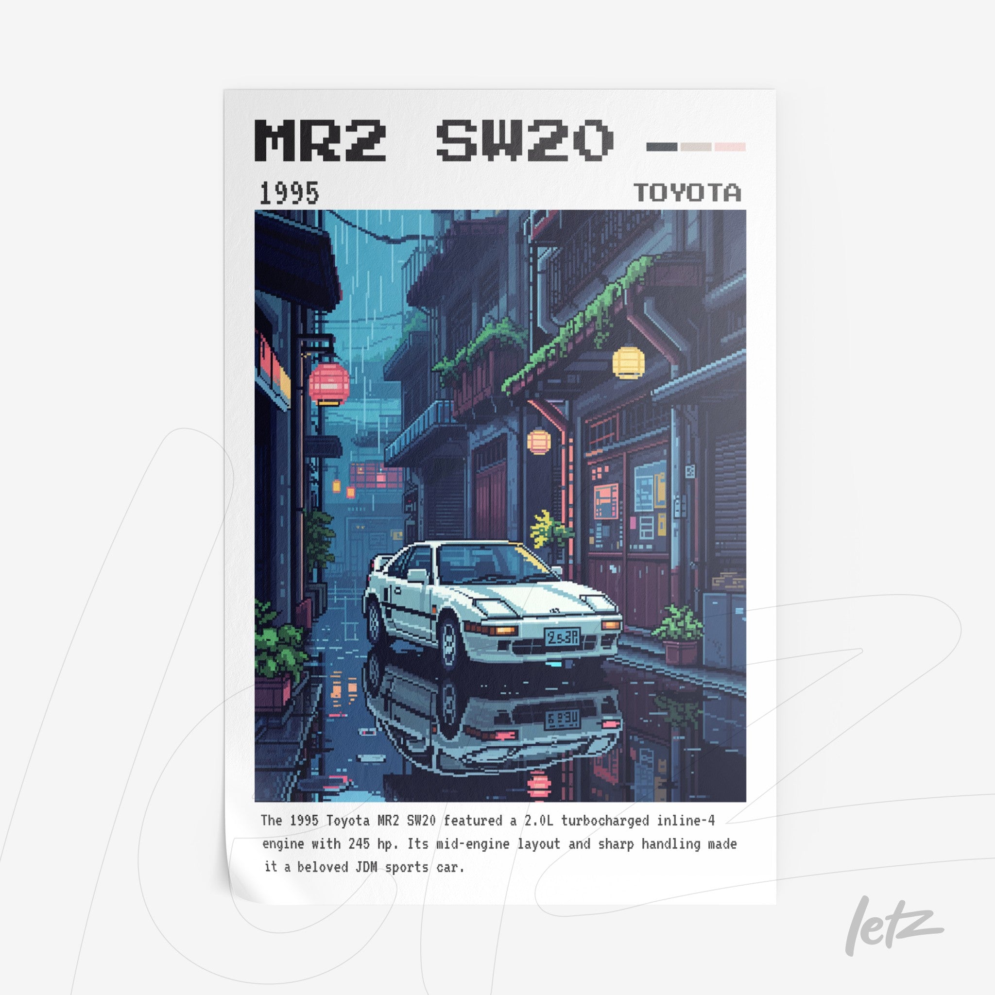 quadro com arte pixelada de um carro esportivo Toyota SW20 em uma rua molhada, com lanternas e prédios de estilo japonês ao fundo