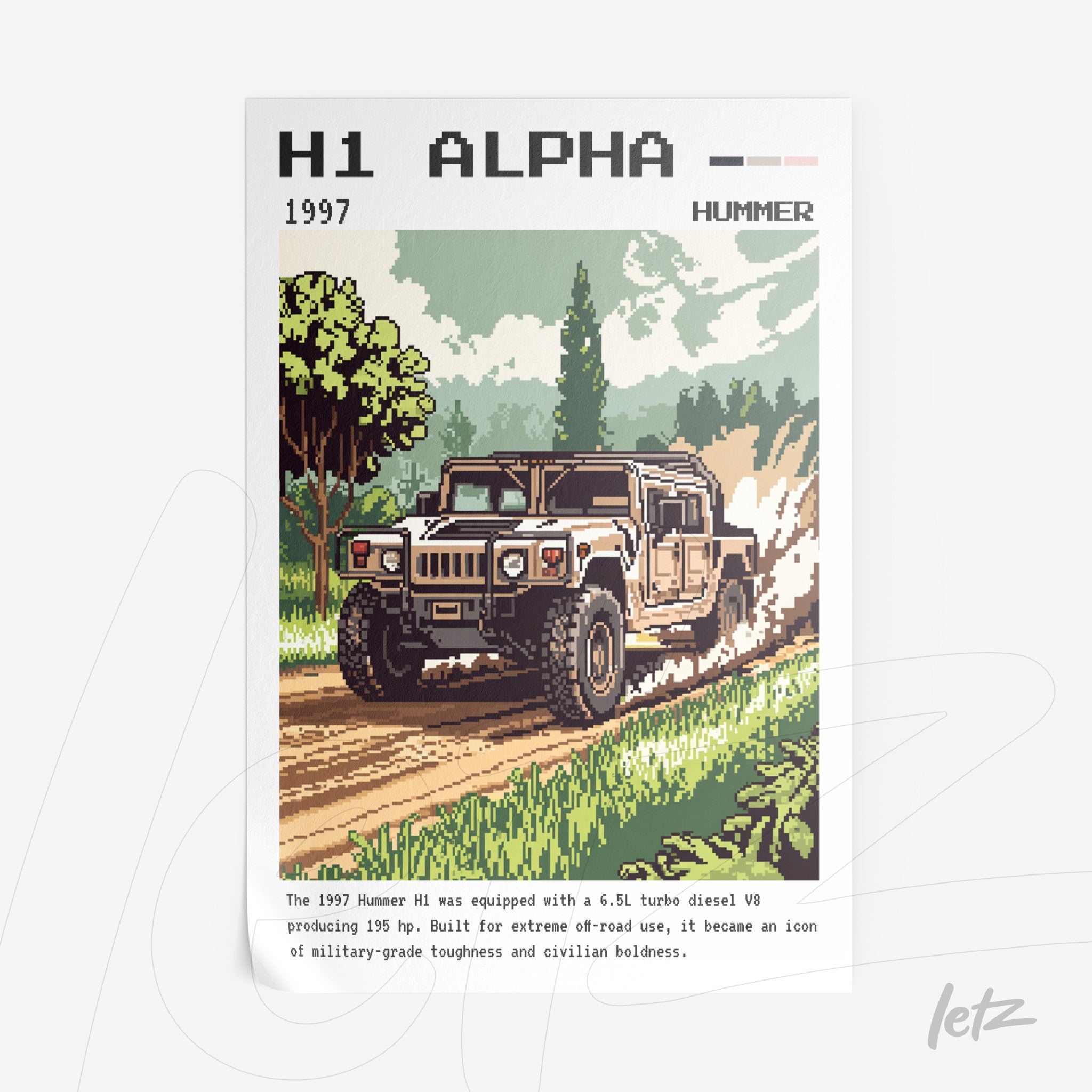 quadro com arte pixelada de um Hummer H1 de 1997 em uma estrada rural