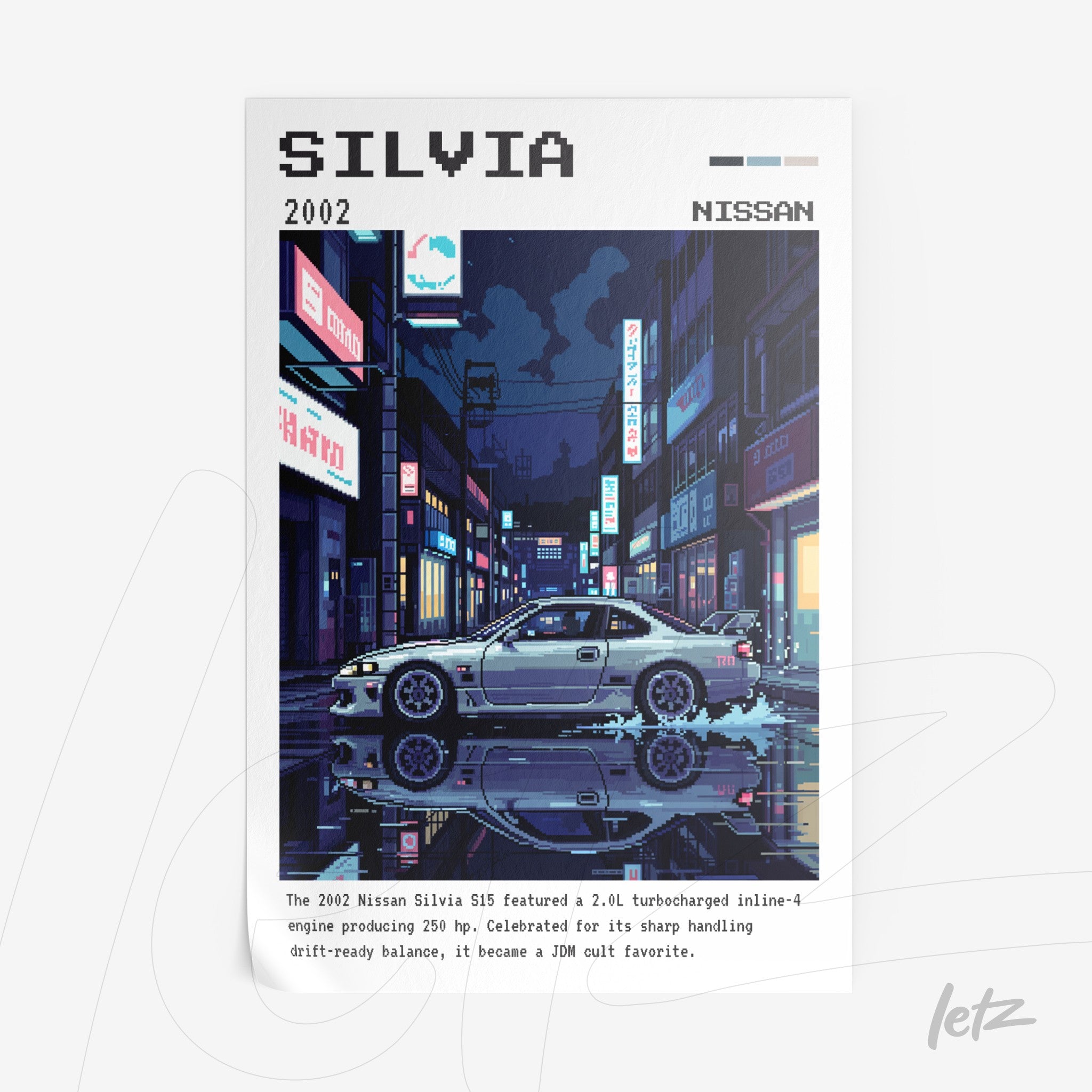 quadro com arte pixelada de um carro Nissan Silvia em uma cena noturna urbana, exibindo luzes de neon e reflexos na calçada
