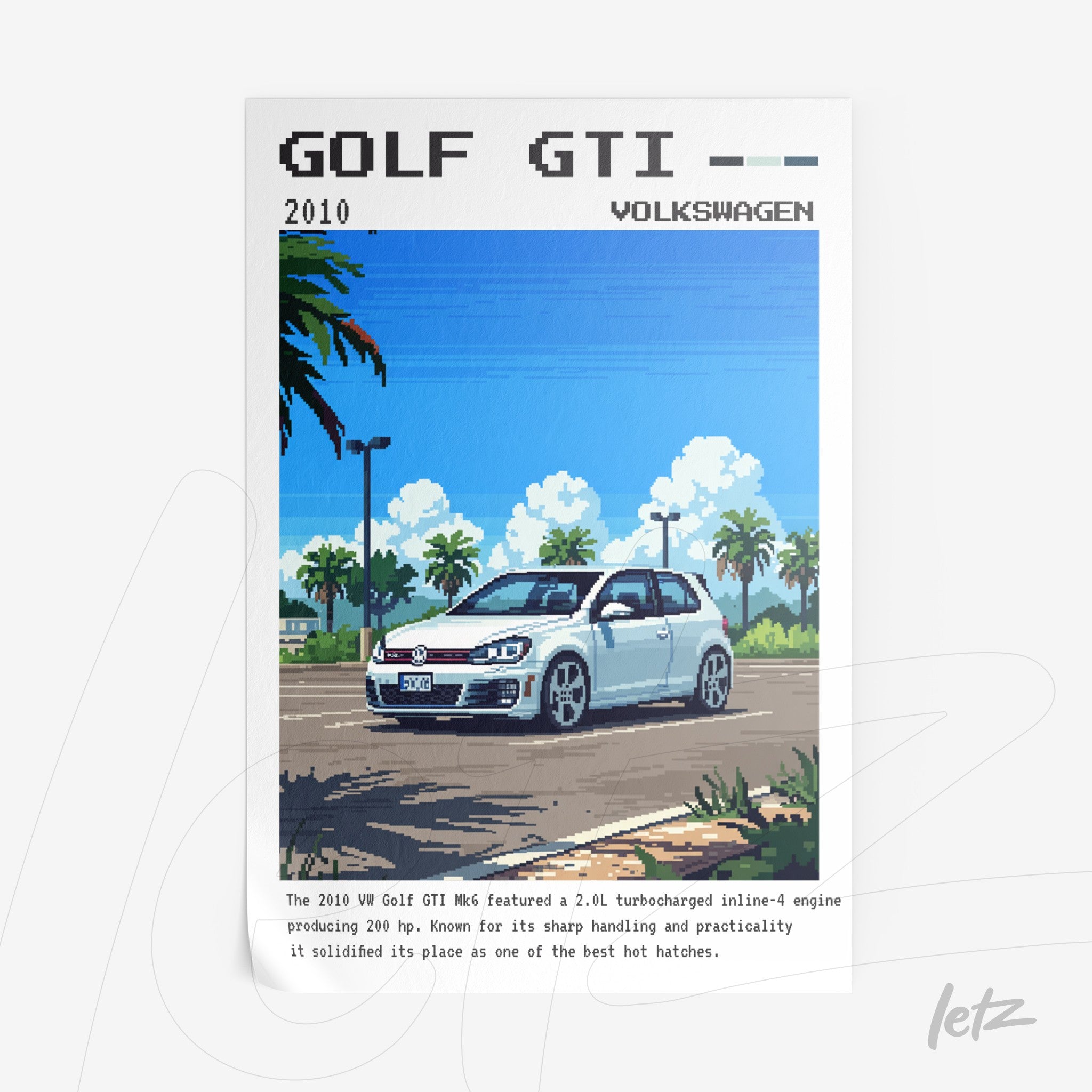 arte digital do carro Volkswagen Golf GTI em estilo pixelado com fundo tropical