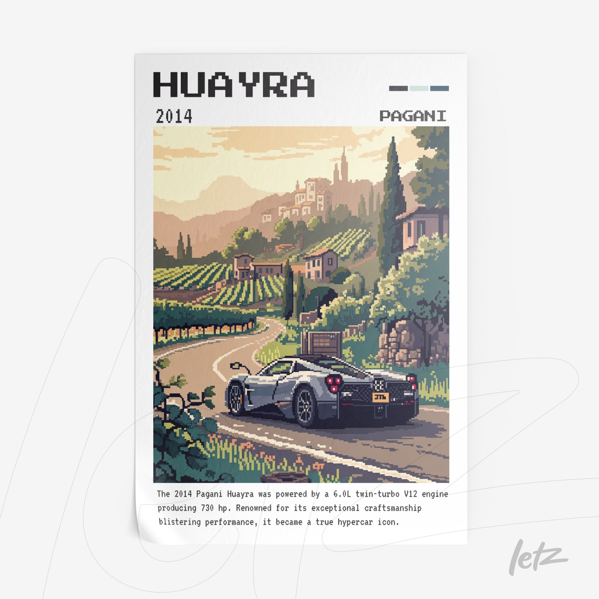 quadro com arte pixelada de um carro Pagani Huayra em uma estrada rural, com vinhedos ao fundo e montanhas ao longe