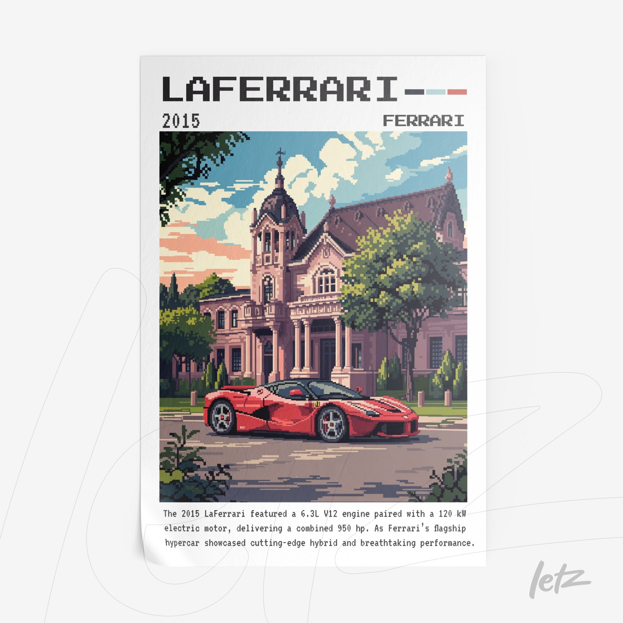 quadro com arte pixelada de um carro esportivo LaFerrari em frente a uma mansão clássica