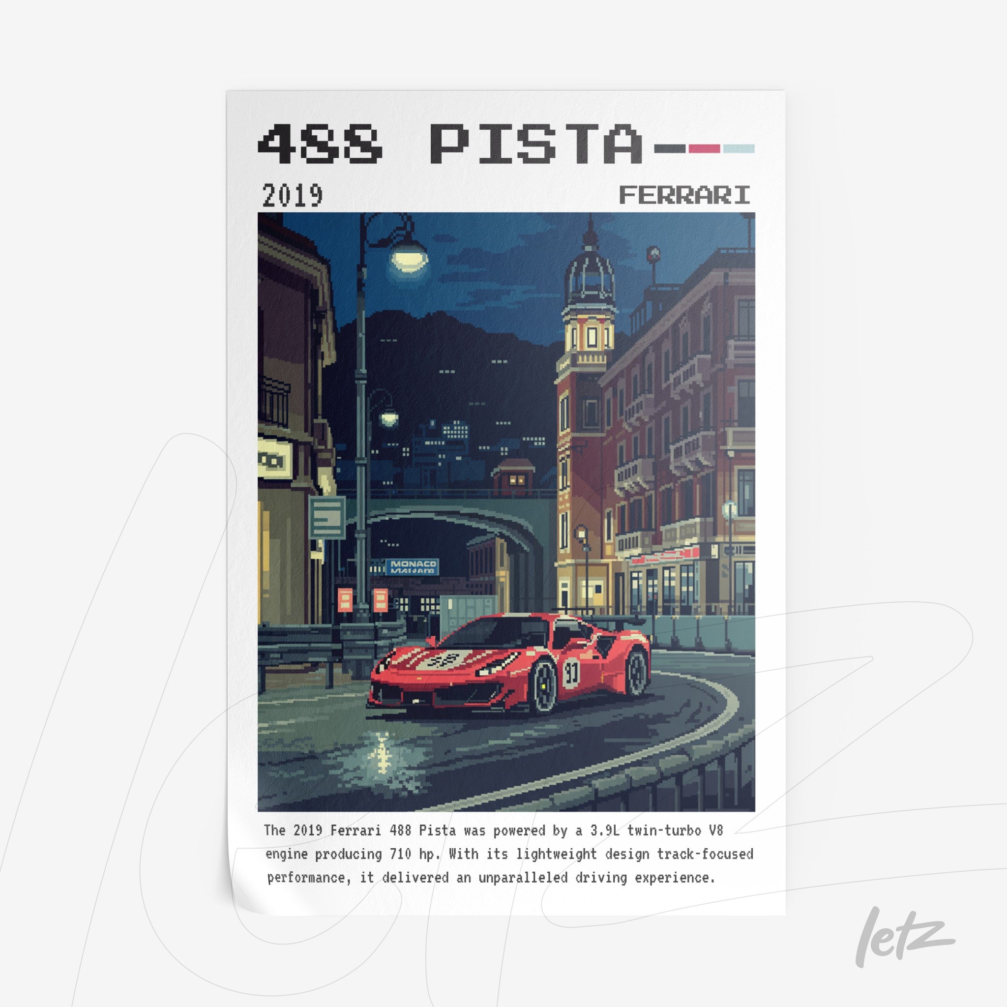 quadro com arte retro do carro Ferrari 488 Pista em uma cidade à noite, com detalhes pixelados e moldura branca