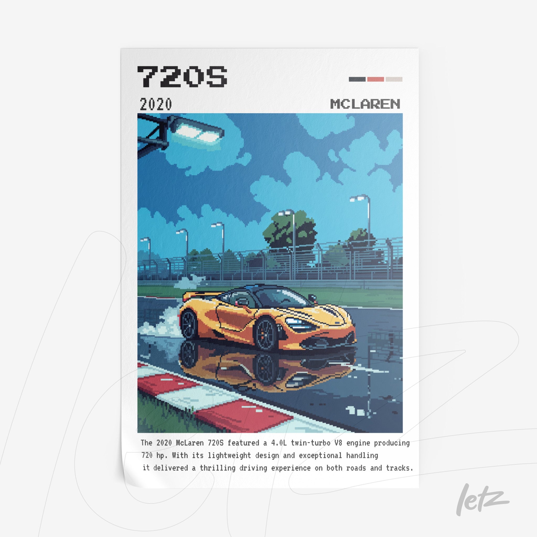 quadro com arte digital de carro esportivo McLaren 720S em pista molhada, com detalhes em pixel art