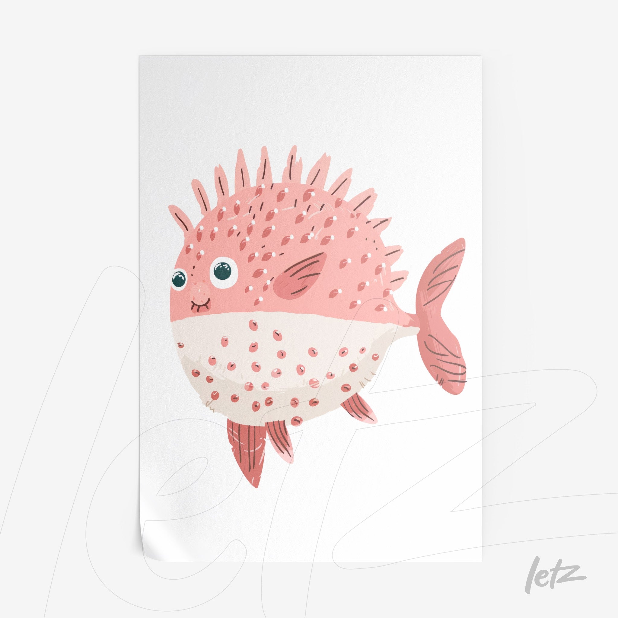 quadro com ilustração de um peixe rosa com espinhos e manchas, fundo branco