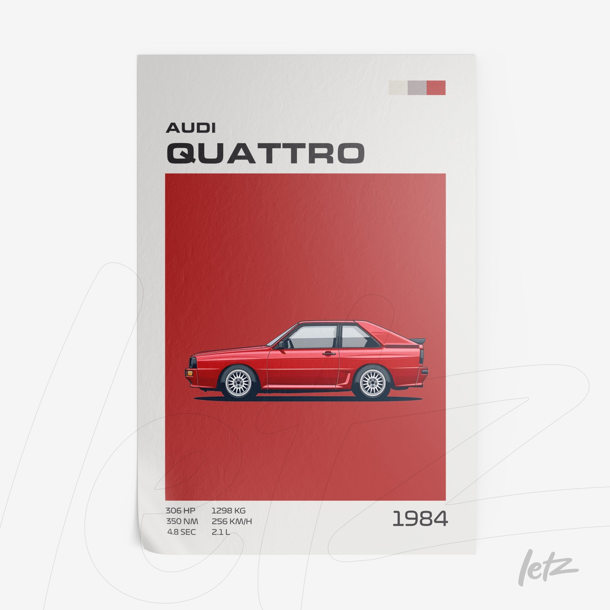 quadro com ilustração digital do carro Audi Quattro de 1984 em fundo vermelho com detalhes gráficos