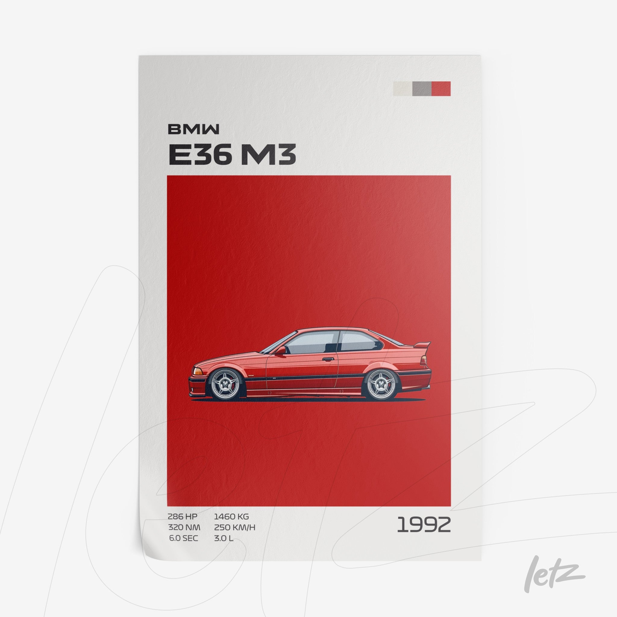 quadro com ilustração do carro BMW E36 M3 em um fundo vermelho vibrante, com detalhes técnicos sobre o veículo dispostos em texto na parte inferior