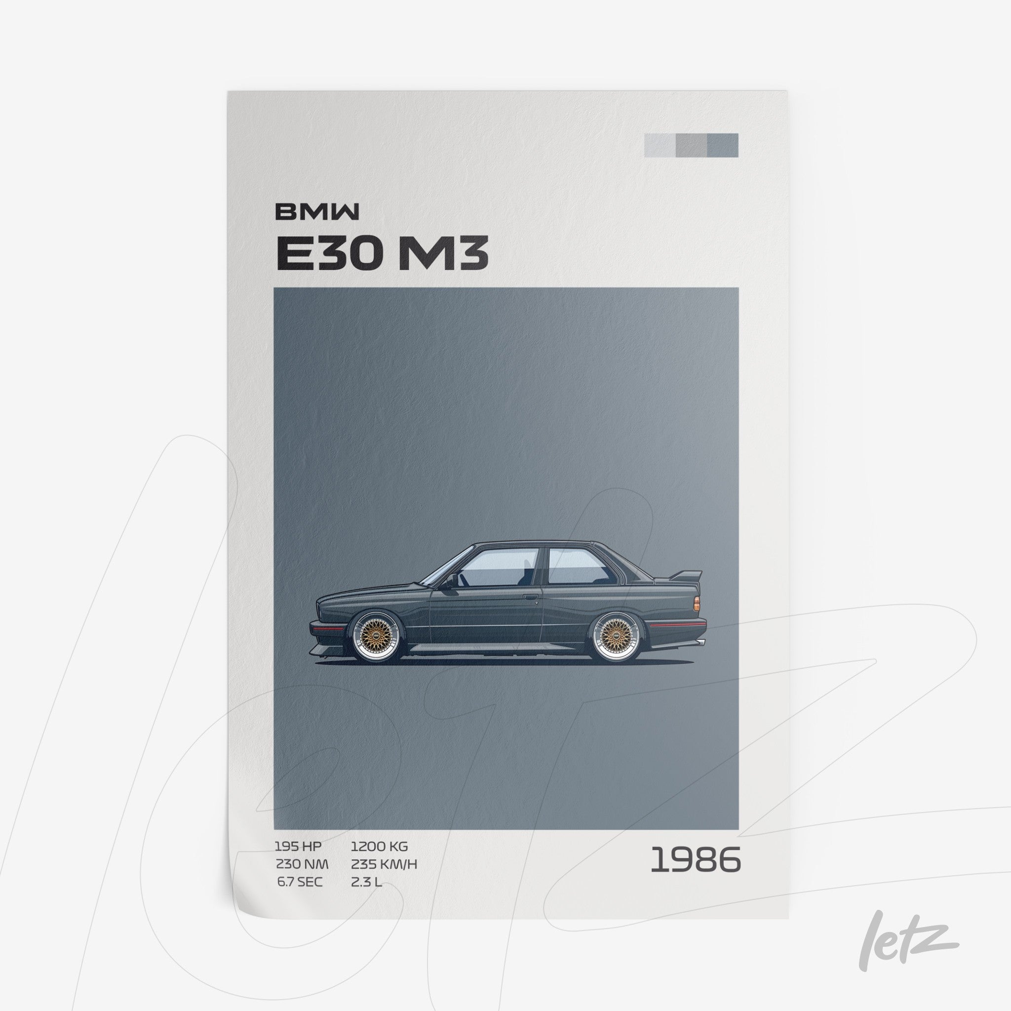 quadro com ilustração do carro BMW E30 M3 em estilo minimalista com fundo cinza
